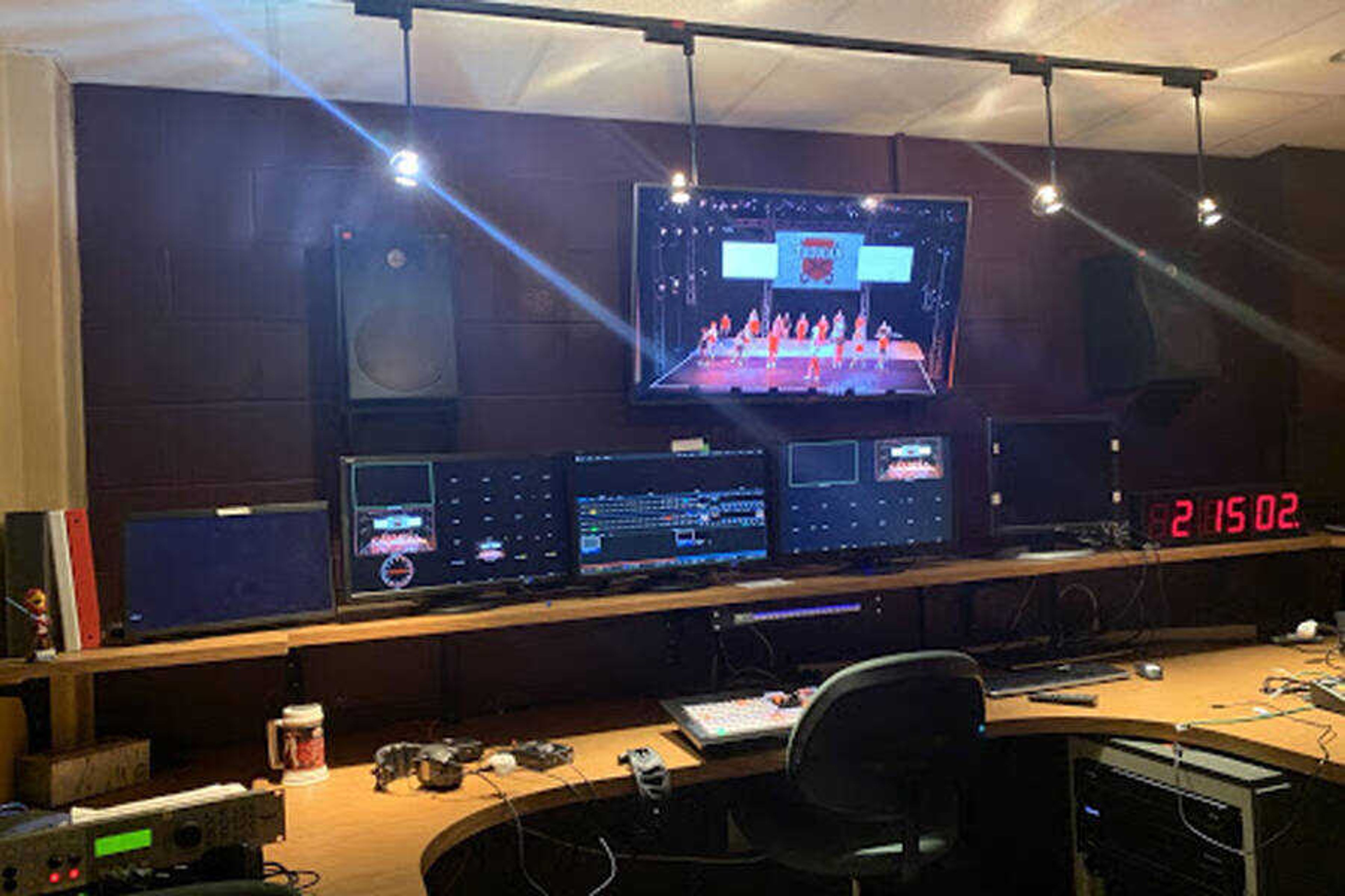 Footage from “Bring It On: The Musical” appears on screen at the production studio for livestreams, located in Rose Theater in the Grauel Building. All four cameras used at the musical stream back to this studio.
