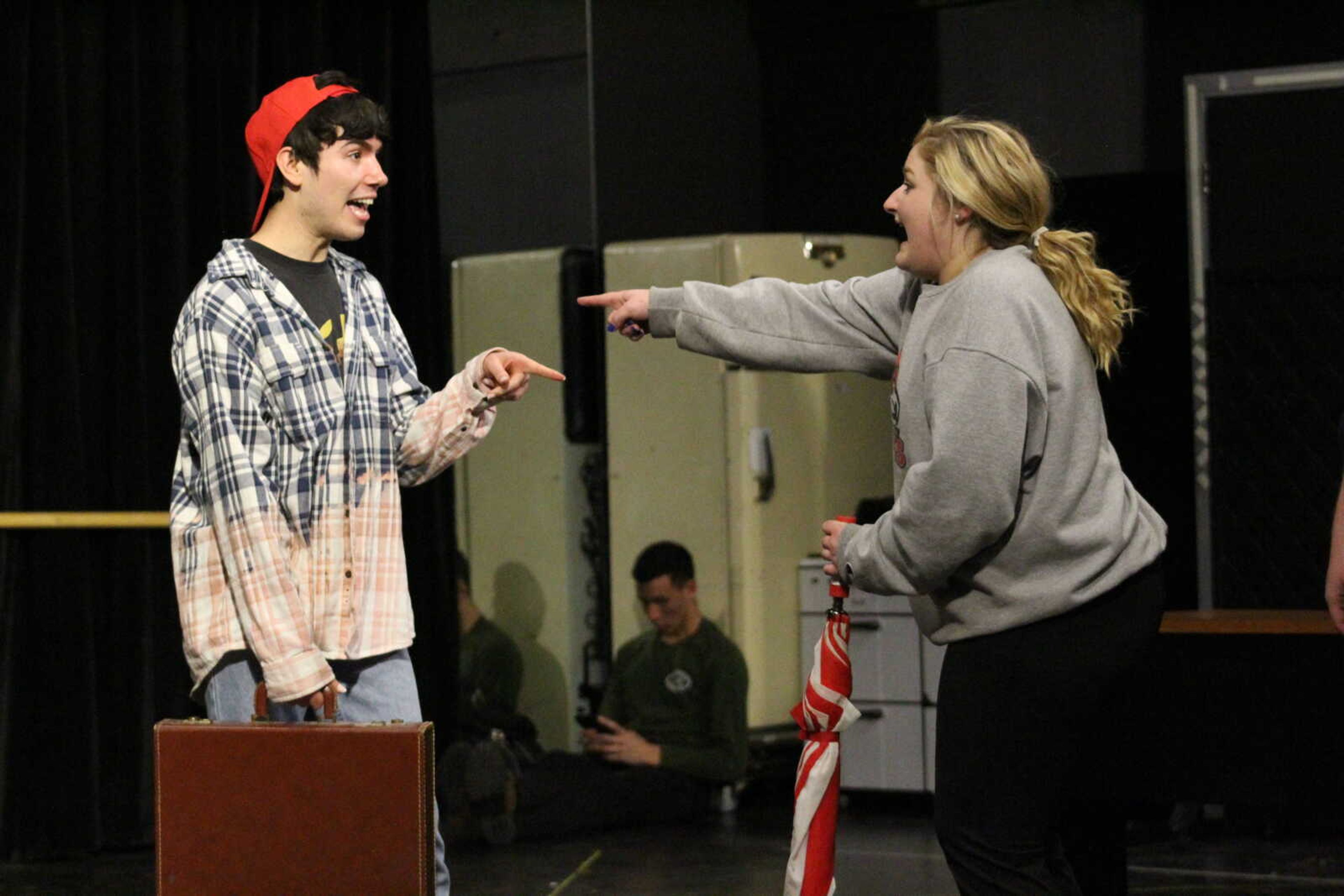 Alexander Dorn and Ellen Carr point to each other during a Mary Poppins rehearsal. Jan 29.