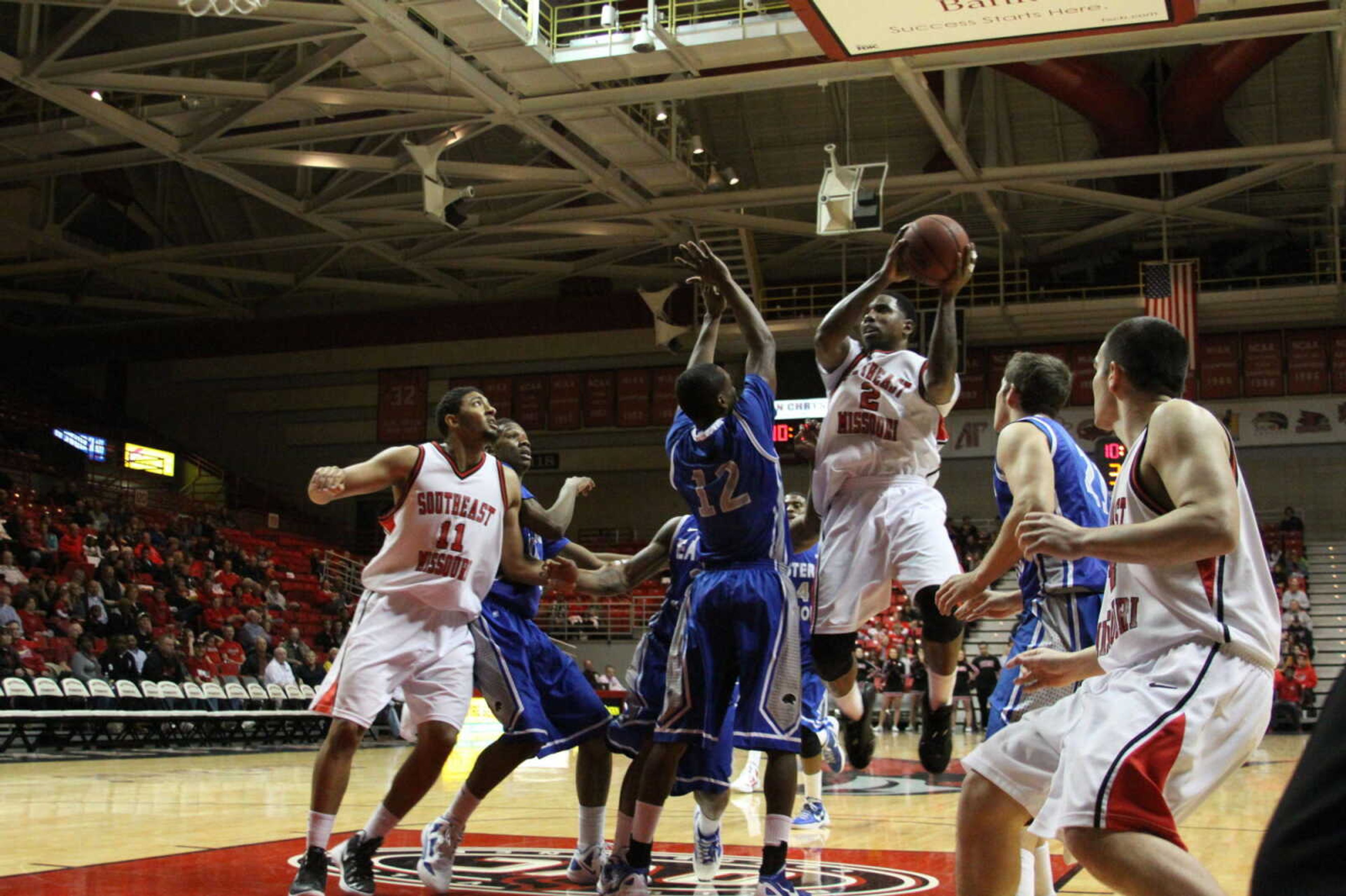 Marcus Brister (2) shoots a close-range jump shot on Jan. 14 against Eastern Illinois. - Photo by Kelso Hope