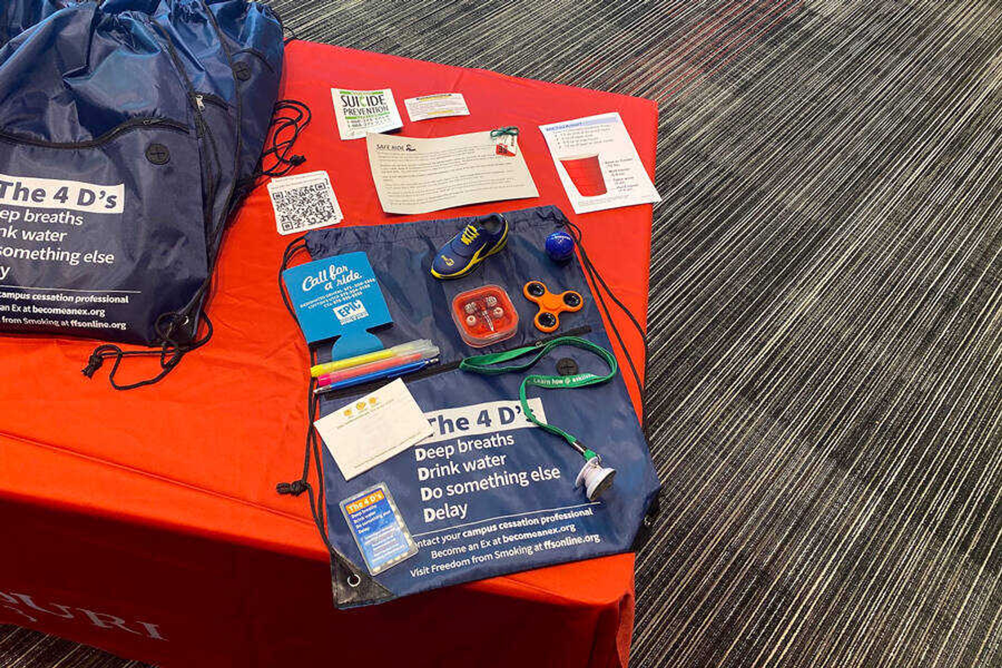 A de-stress kit sits on a table in the third floor lobby at the University Center. The kits were provided by the CBHA at the health and wellness fair Sept. 9, 2020.