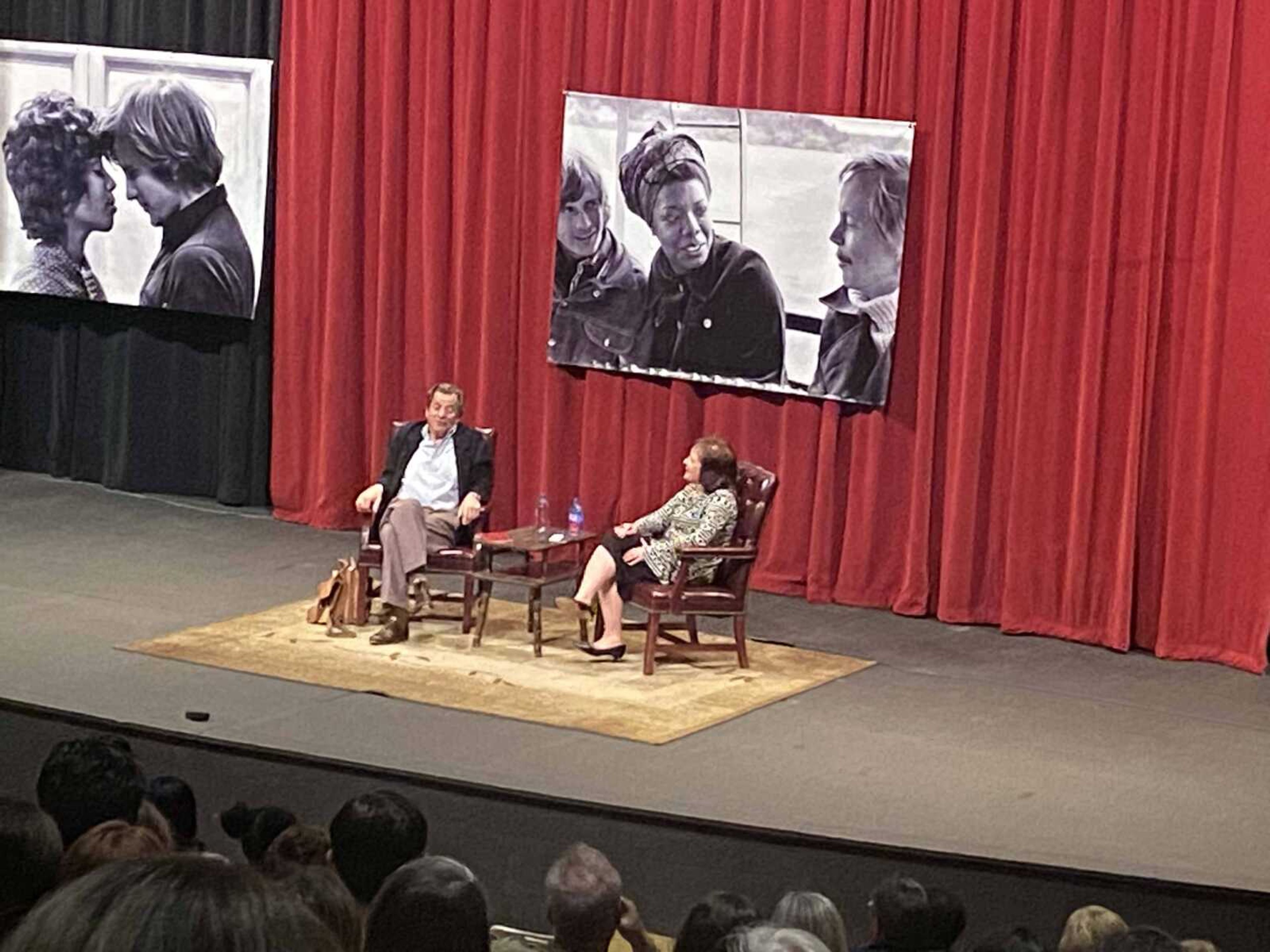 Actor Dirk Benedict and Mass Media professor Karie Hollerbach talk at the "See Me Series" on Wednesday, April 6. They discussed Benedict's role in the film and what it was like to work with Maya Angelou.