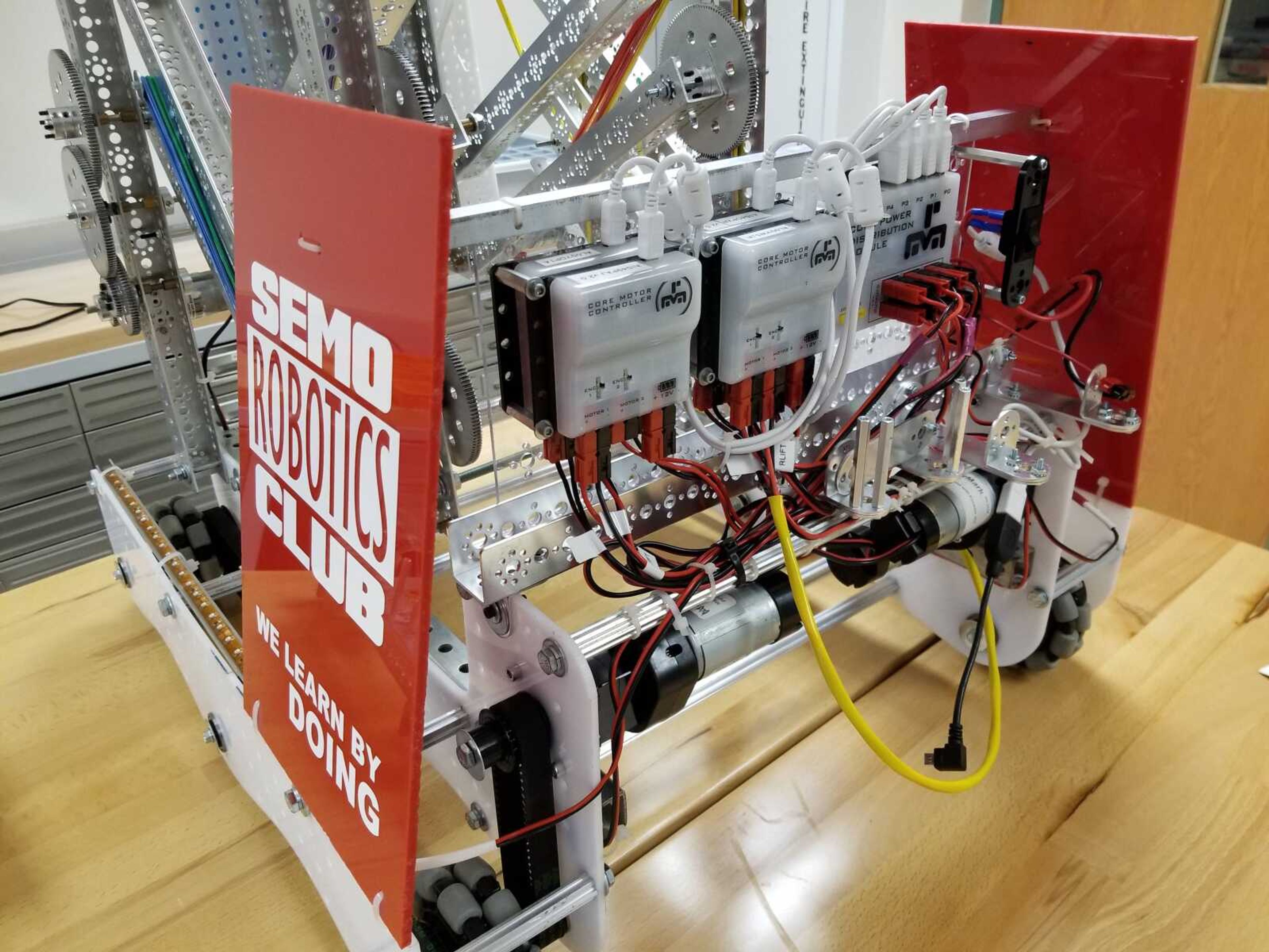 Close-ups of the Southeast Robotics club robot without the extended arms