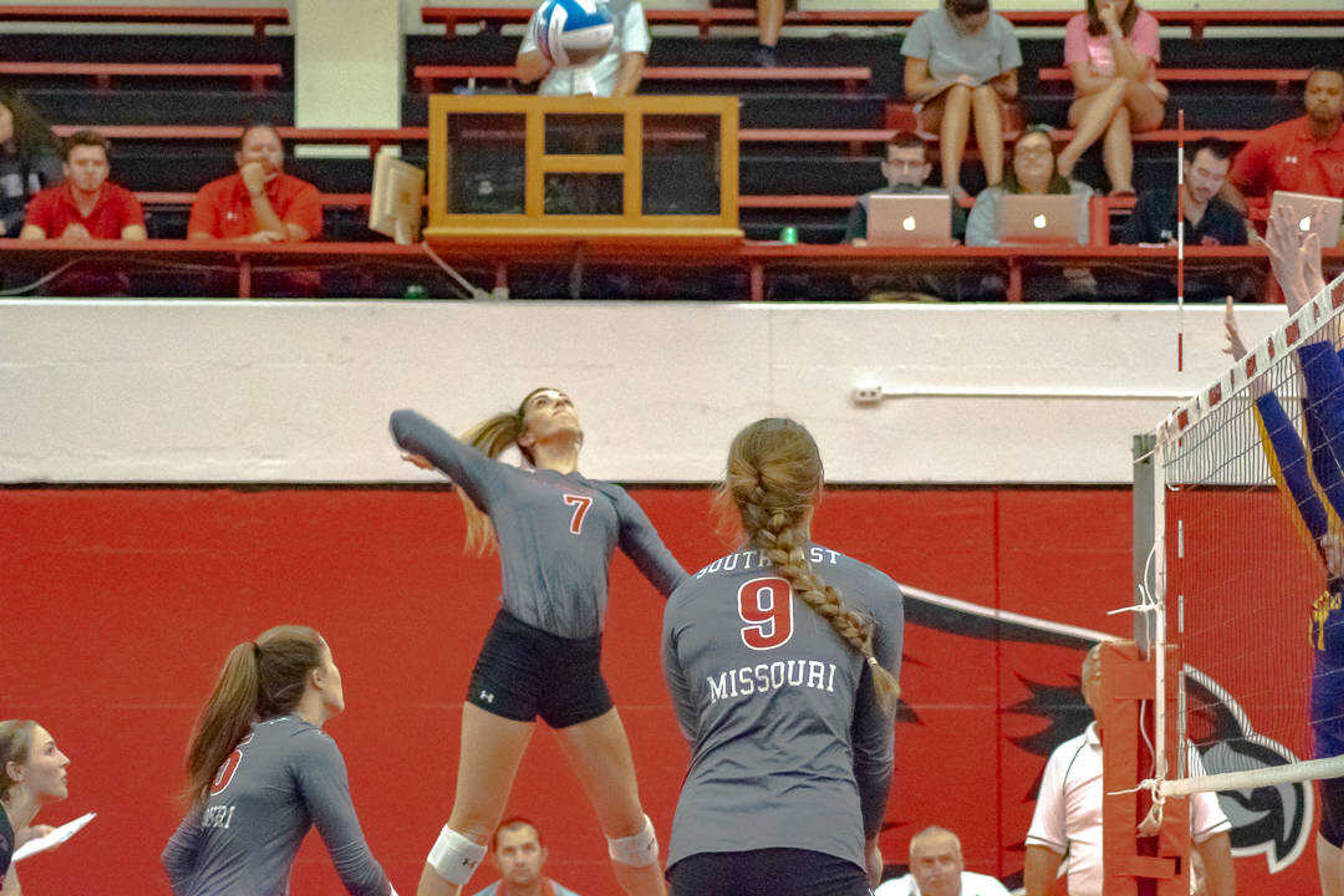 Junior outside hitter Laney Malloy spikes a ball against Western Illinois in the Redhawks Invitational on Sept. 6. Malloy was named to the All-Tournament team alongside sophomore Colby Greene.