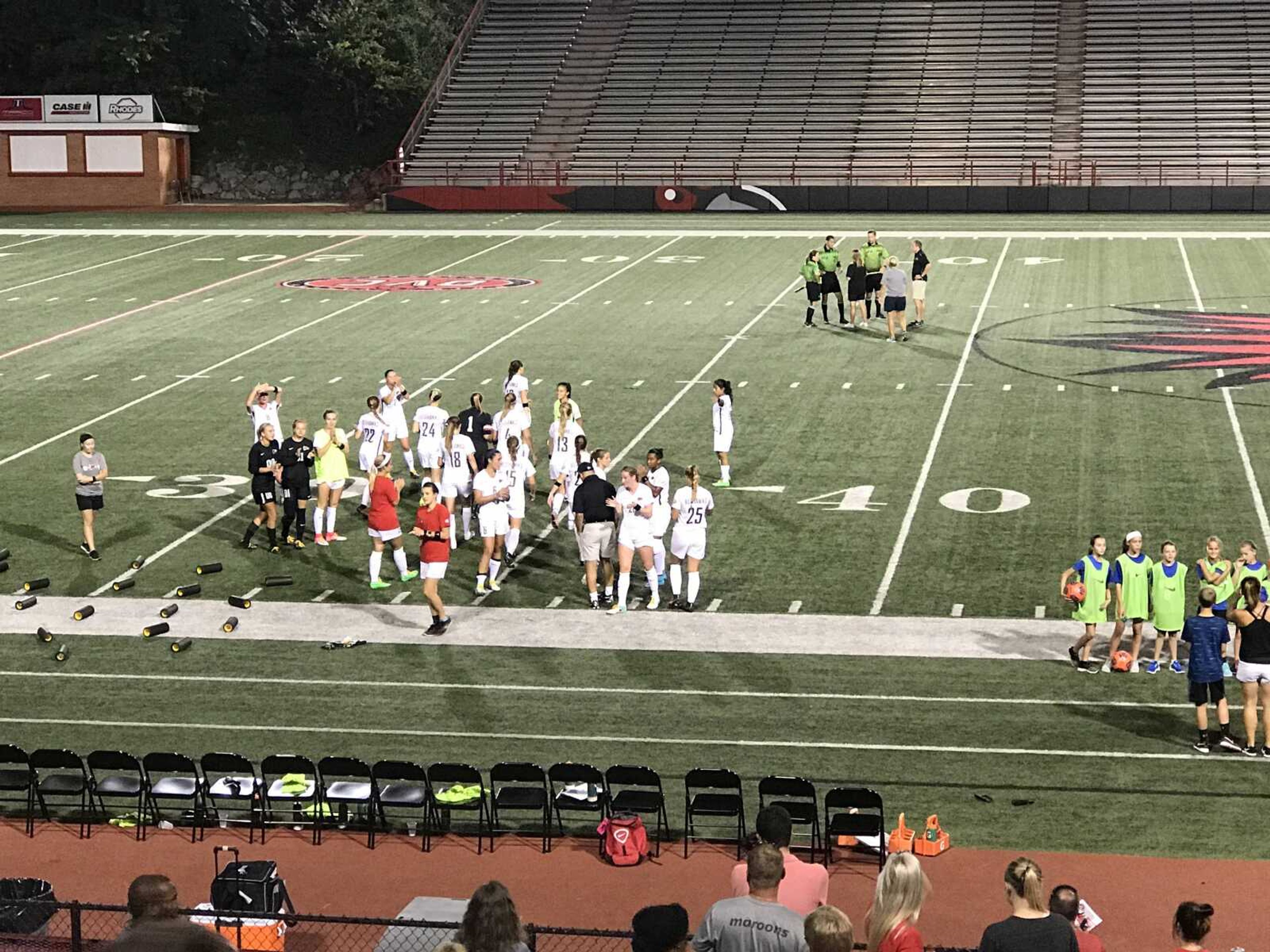 Southeast gathers together after they defeat the University of Illinois Springfield at the women's soccer home opener on Aug. 20.