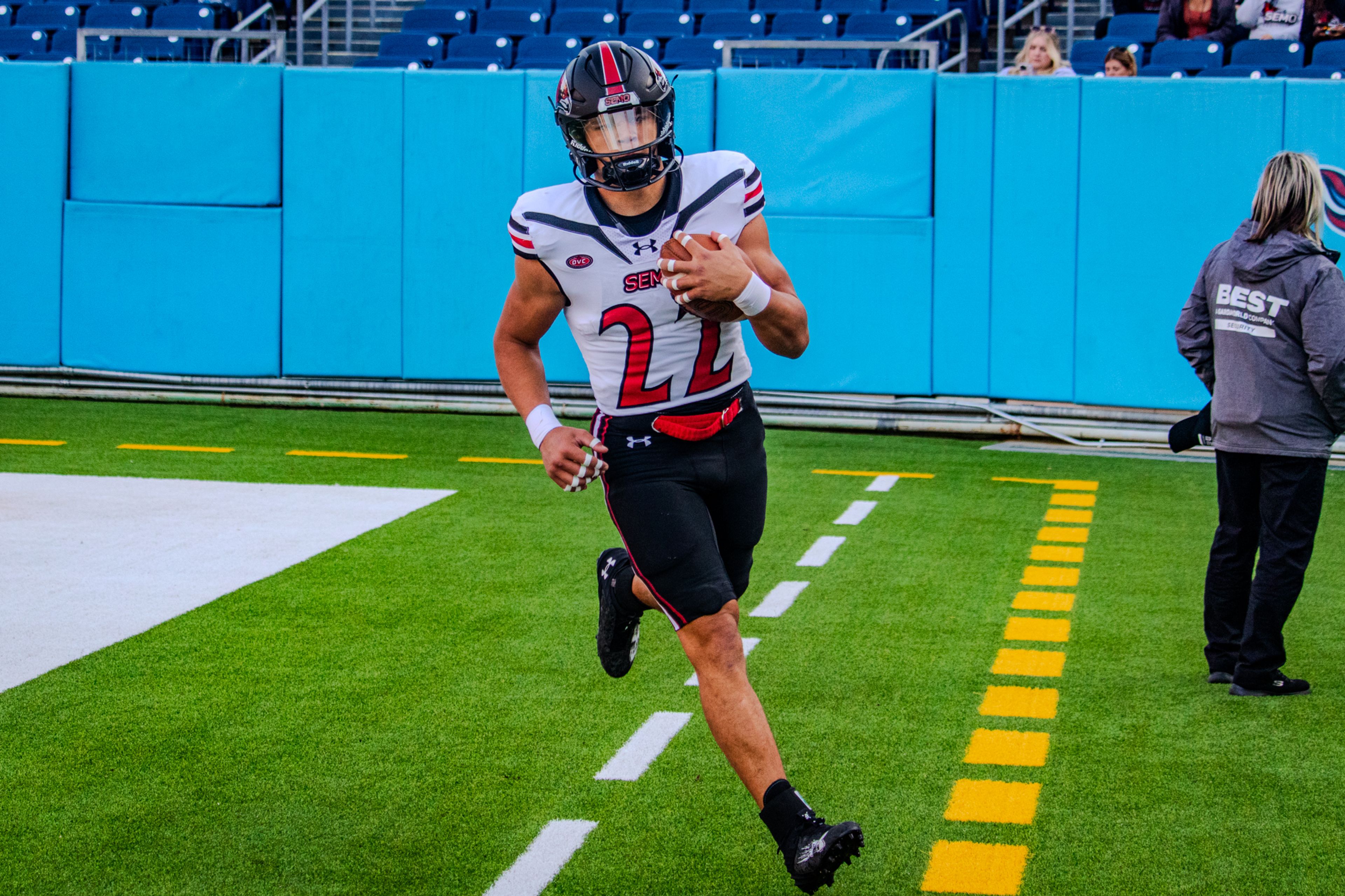 Freshman running back Payton Brown warms up before the game against TSU. 