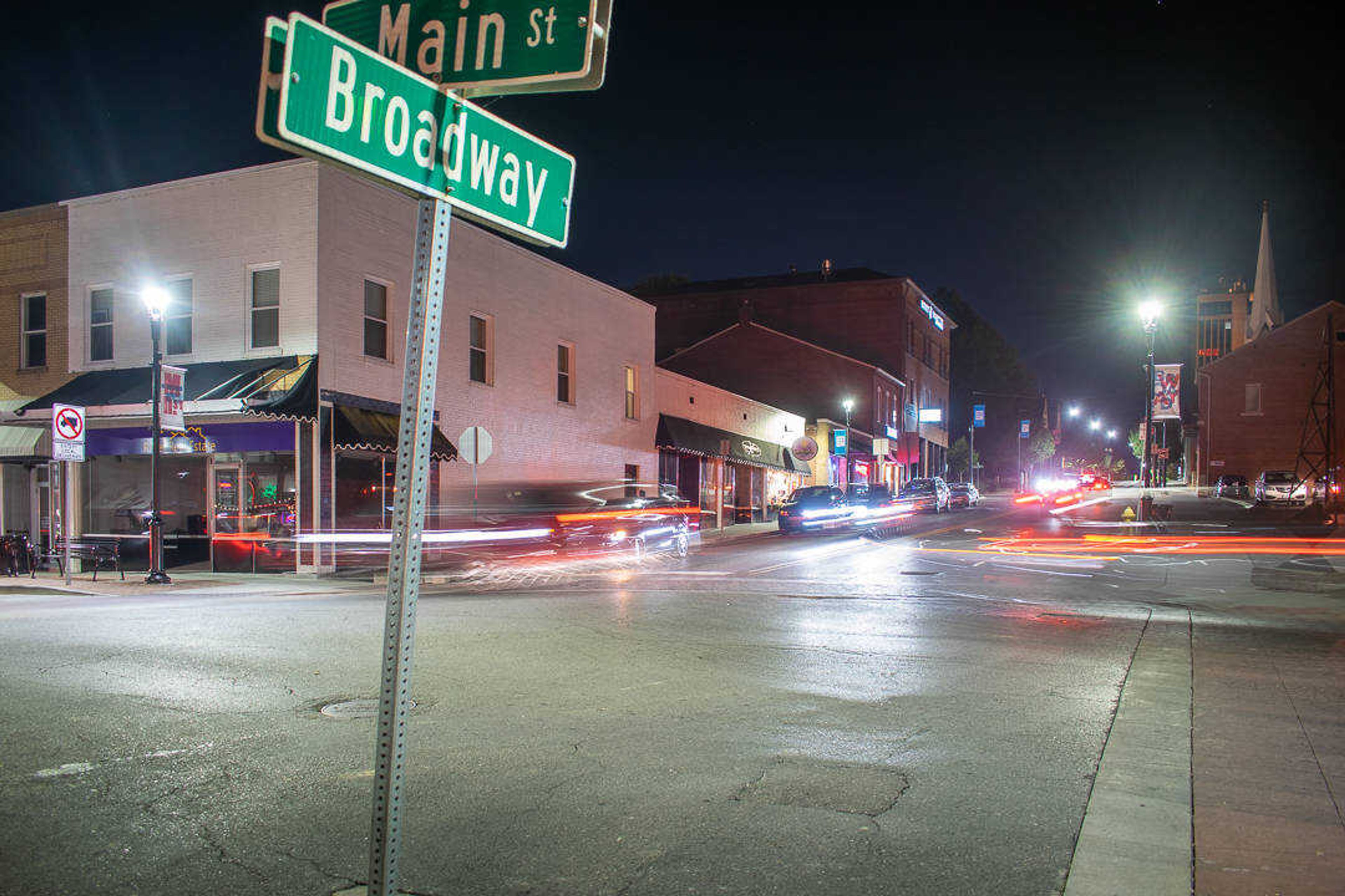 A look down Broadway as cars drive around the corner of Main and Broadway in downtown Cape Girardeau Saturday, Aug. 10.