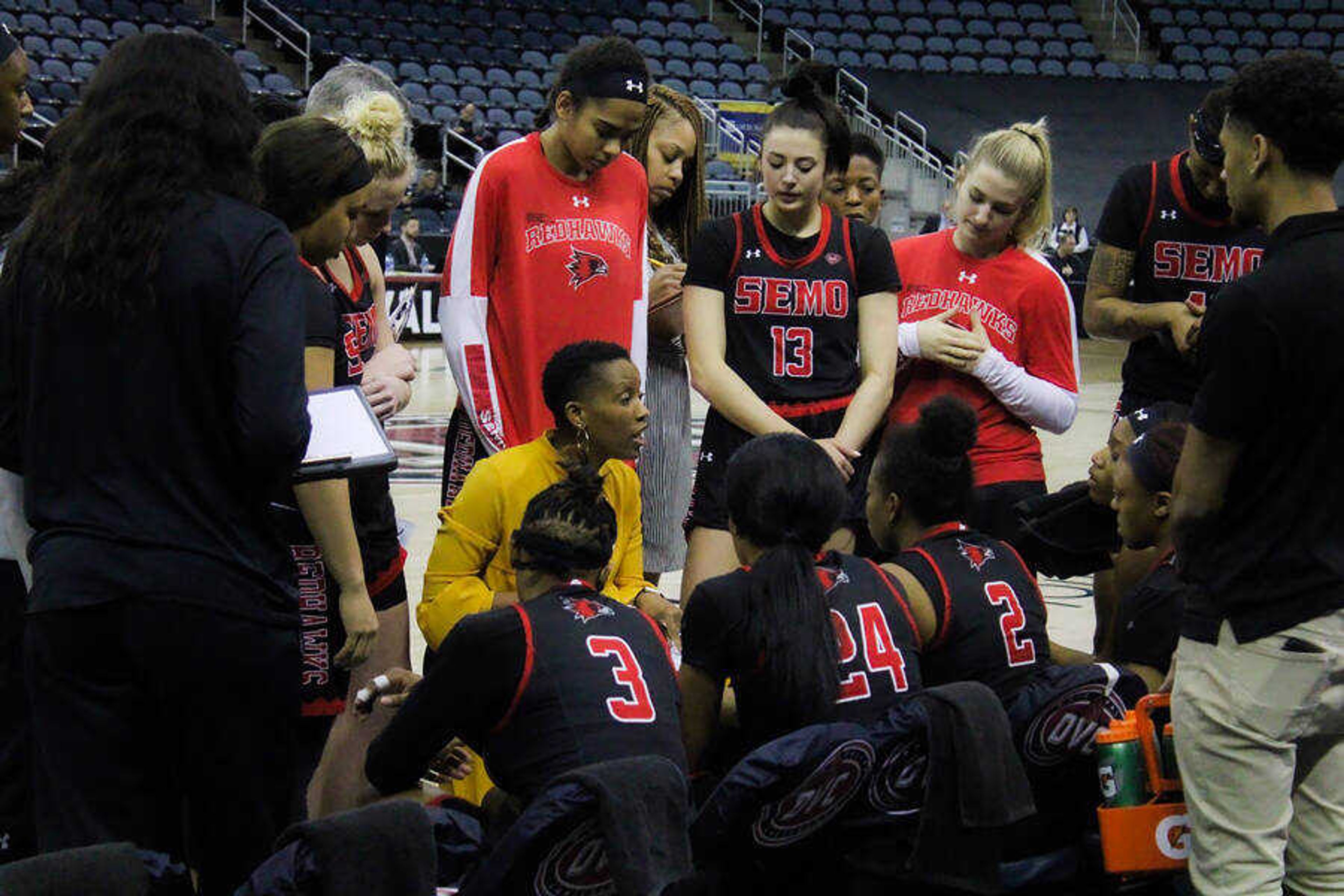 Rekha Patterson instructs her team during a break in the action of their 67-47 win over UT Martin on March 7, 2020 at the Ford Center in Evansville, Indiana.