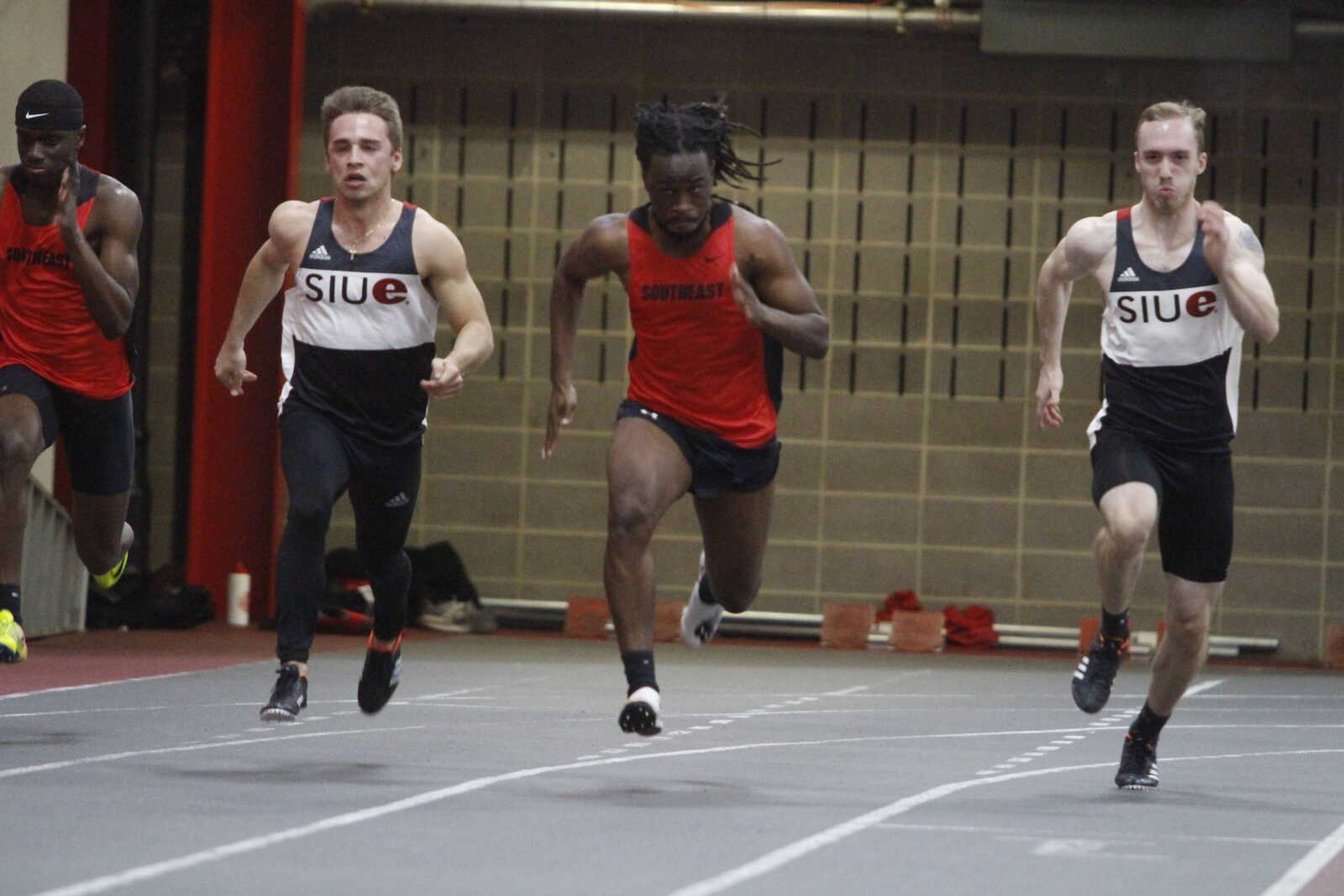 Haile Wilson (center) stares down the finish line during the 60-meter dash at an indoor meet on Dec. 7.