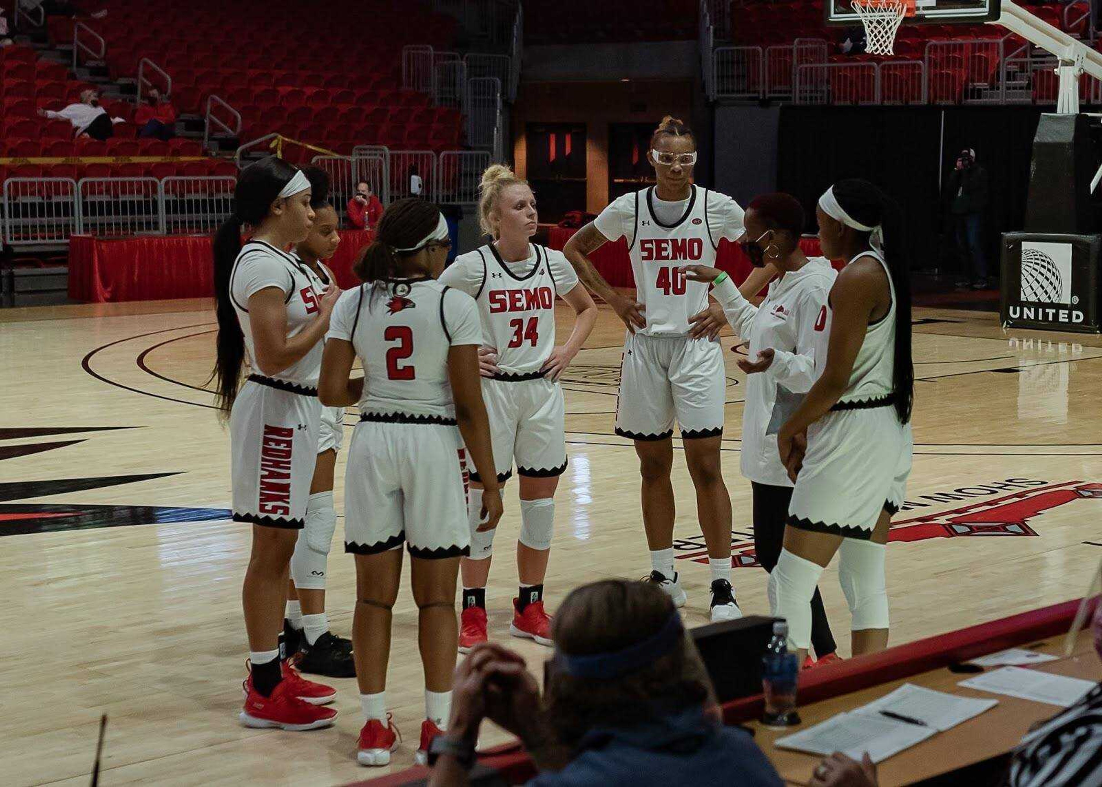 Coach Rekha Patterson talks with her team in a timeout during Southeast’s 74-61 win over Austin Peay on Jan. 16 at the Show Me Center in Cape Girardeau, Missouri.