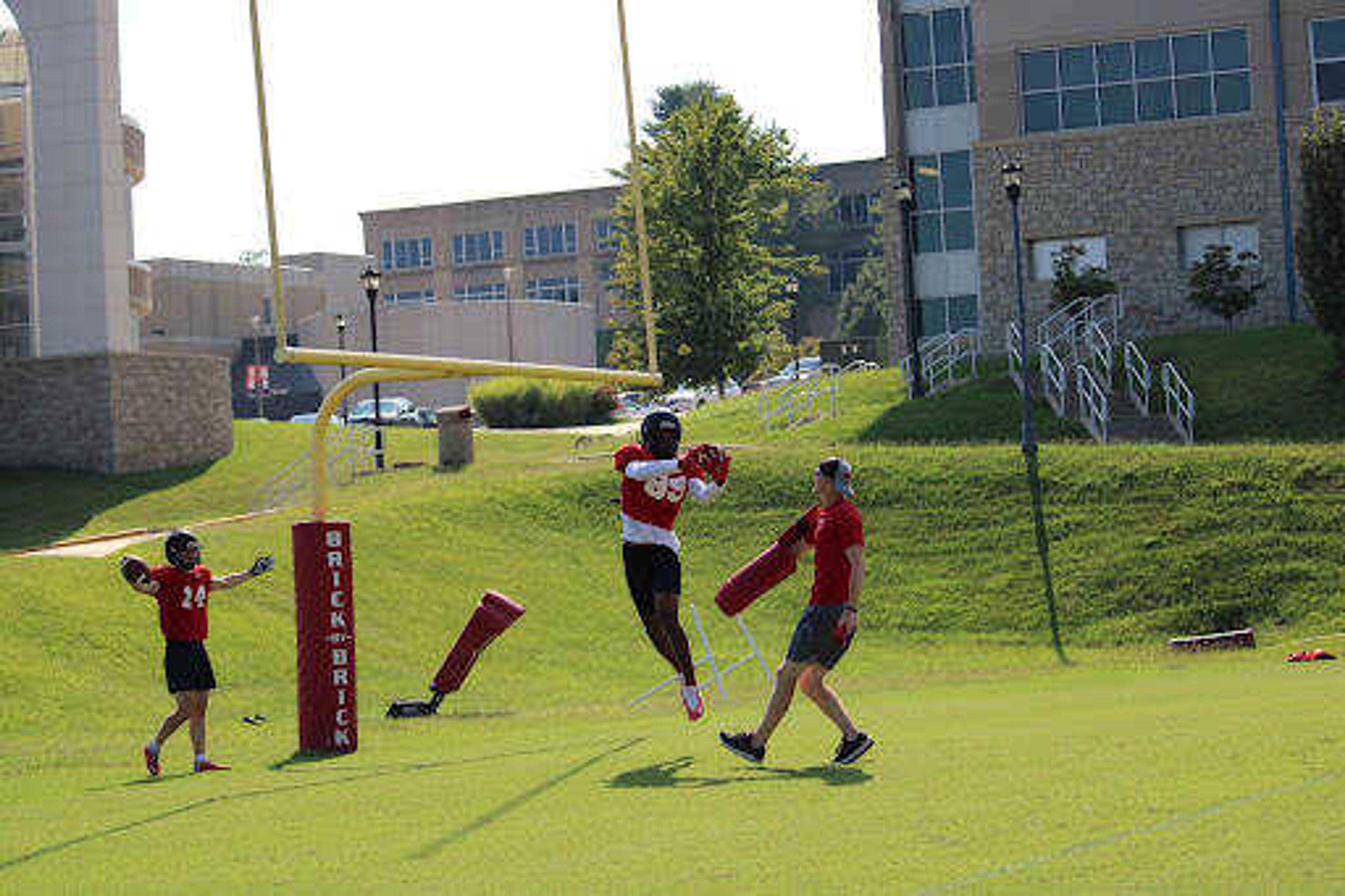 Senior wide receiver Aaron Alston makes a catch during a practice on Aug. 24 at Rosengarten Athletic Complex in Cape Girardeau. Alston is one of many returning members of the Redhawks offense in 2021.