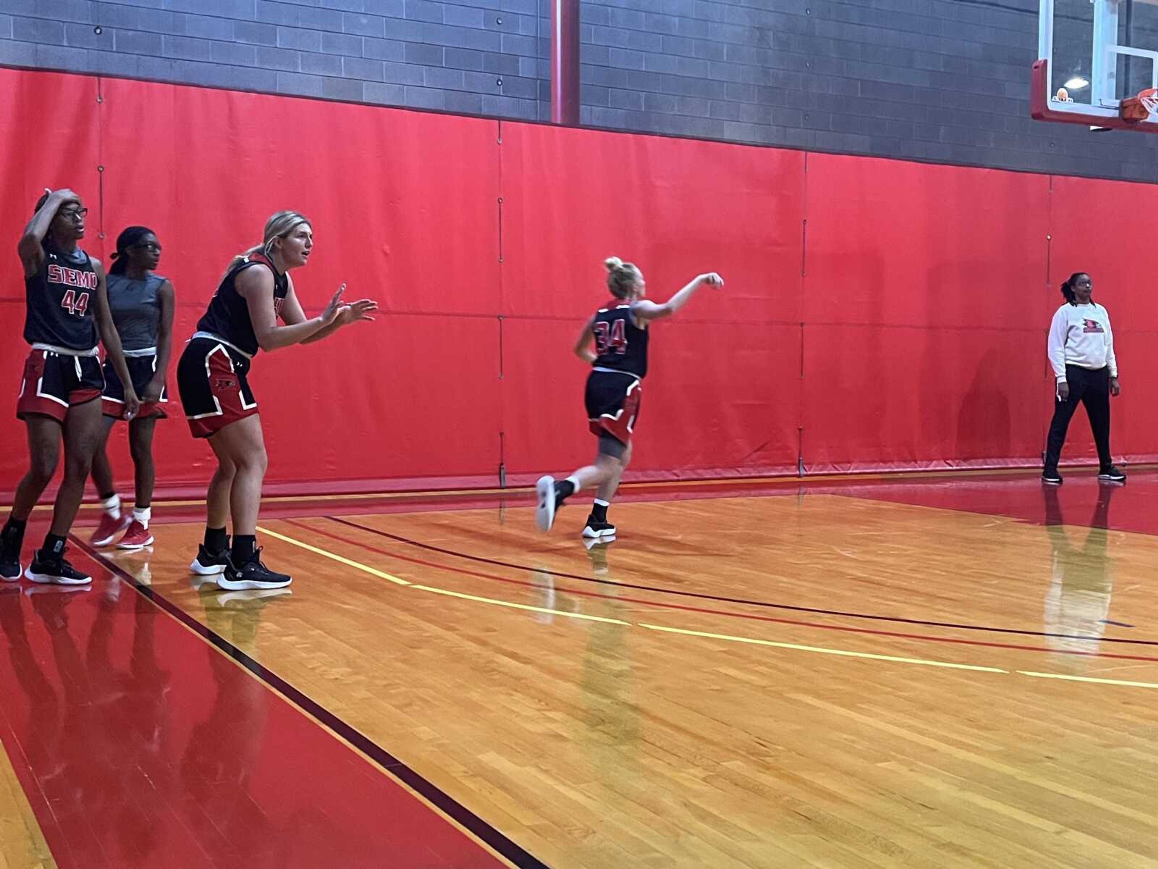 Members of the SEMO Women's basketball team run a drill during practice on Oct. 19.