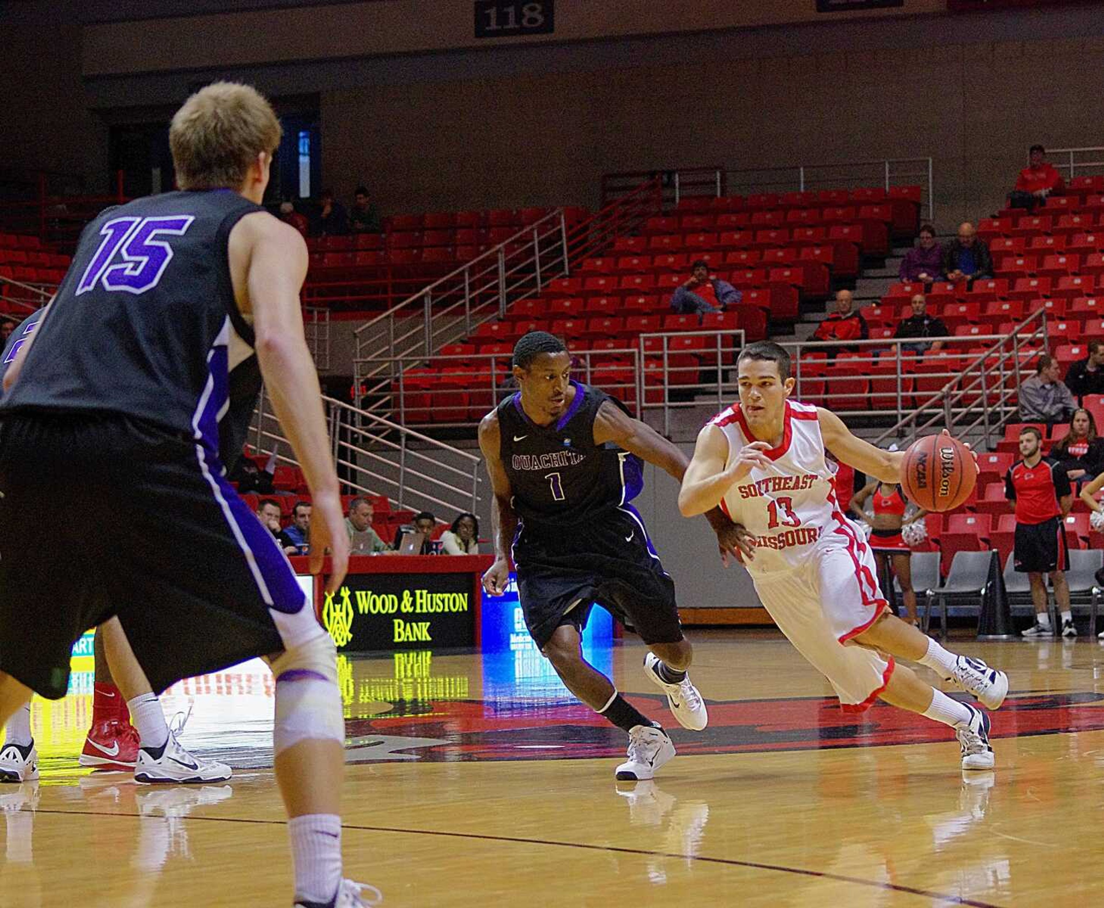 Southeast's guard Lucas Nutt drives around Ouachita Baptist's Micah Delph during the the first half of a game on Oct. 30 at the Show Me Center. Photo by Nathan Hamilton