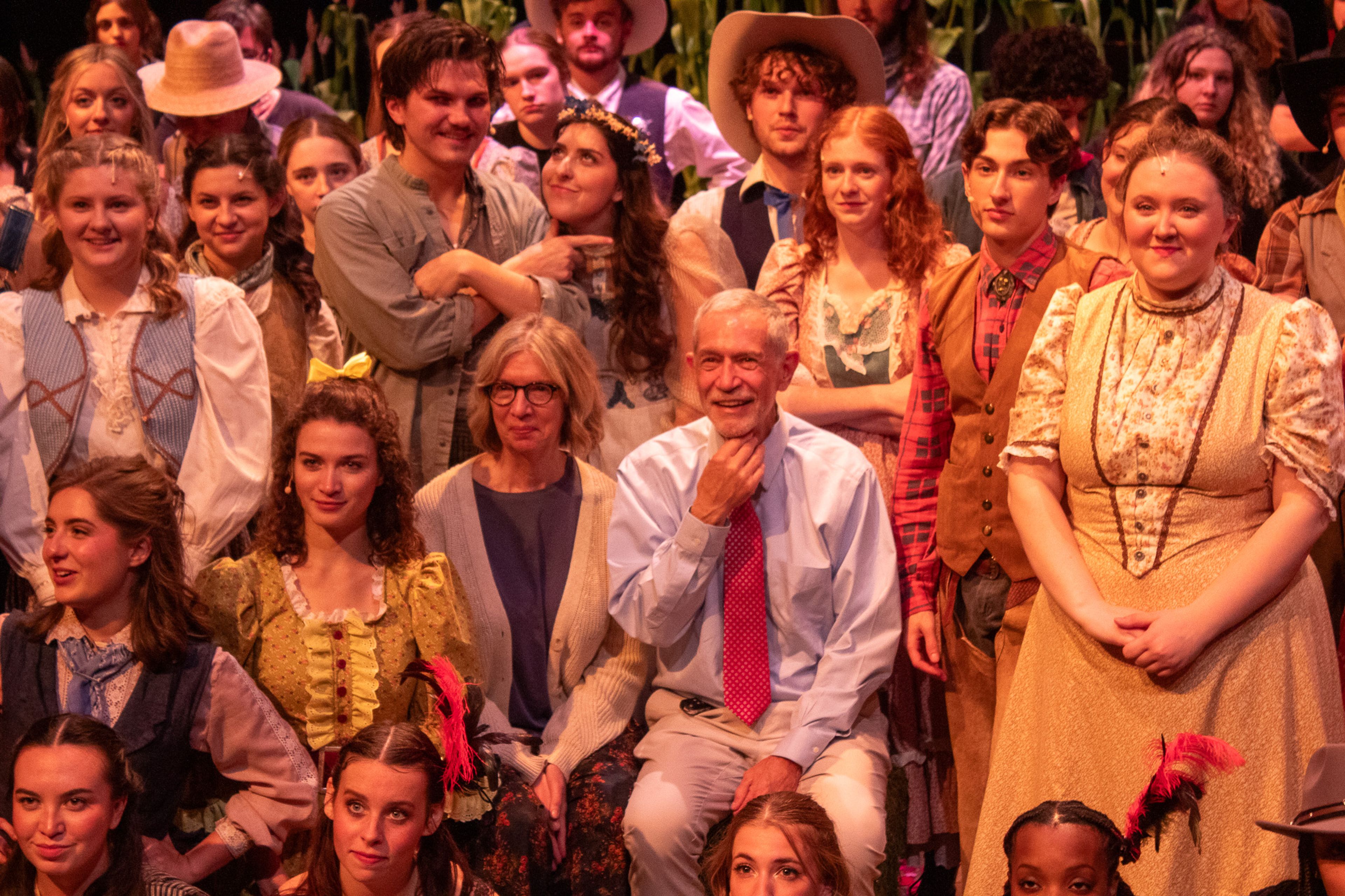 SEMO president Carlos Vargas and his wife Pam Vargas and the cast listen to the director's praise after the show.