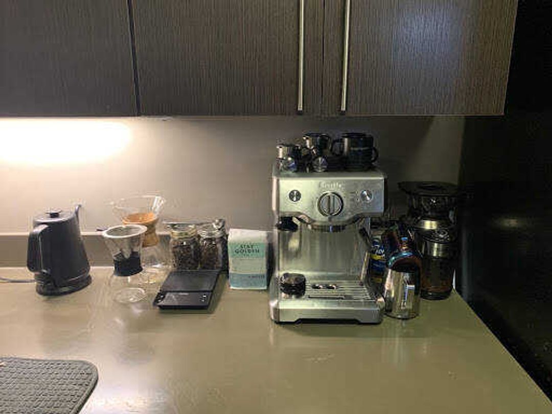 Caleb Baker keeps an espresso machine and coffee equipment in his Southeast residence hall so he can practice at any time of day. 