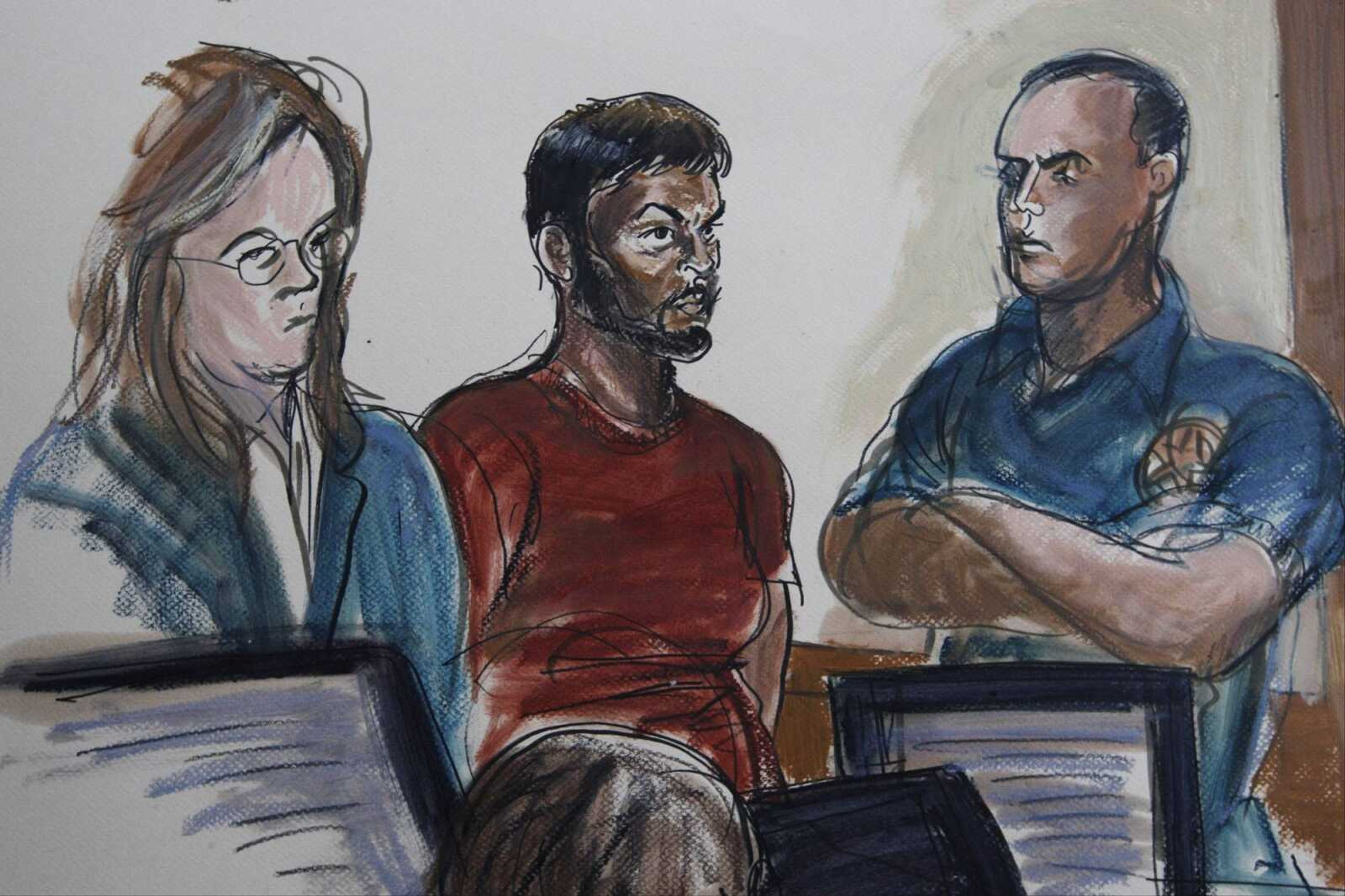 A sketch composed during Nafis court hearing. Associated Press photo.