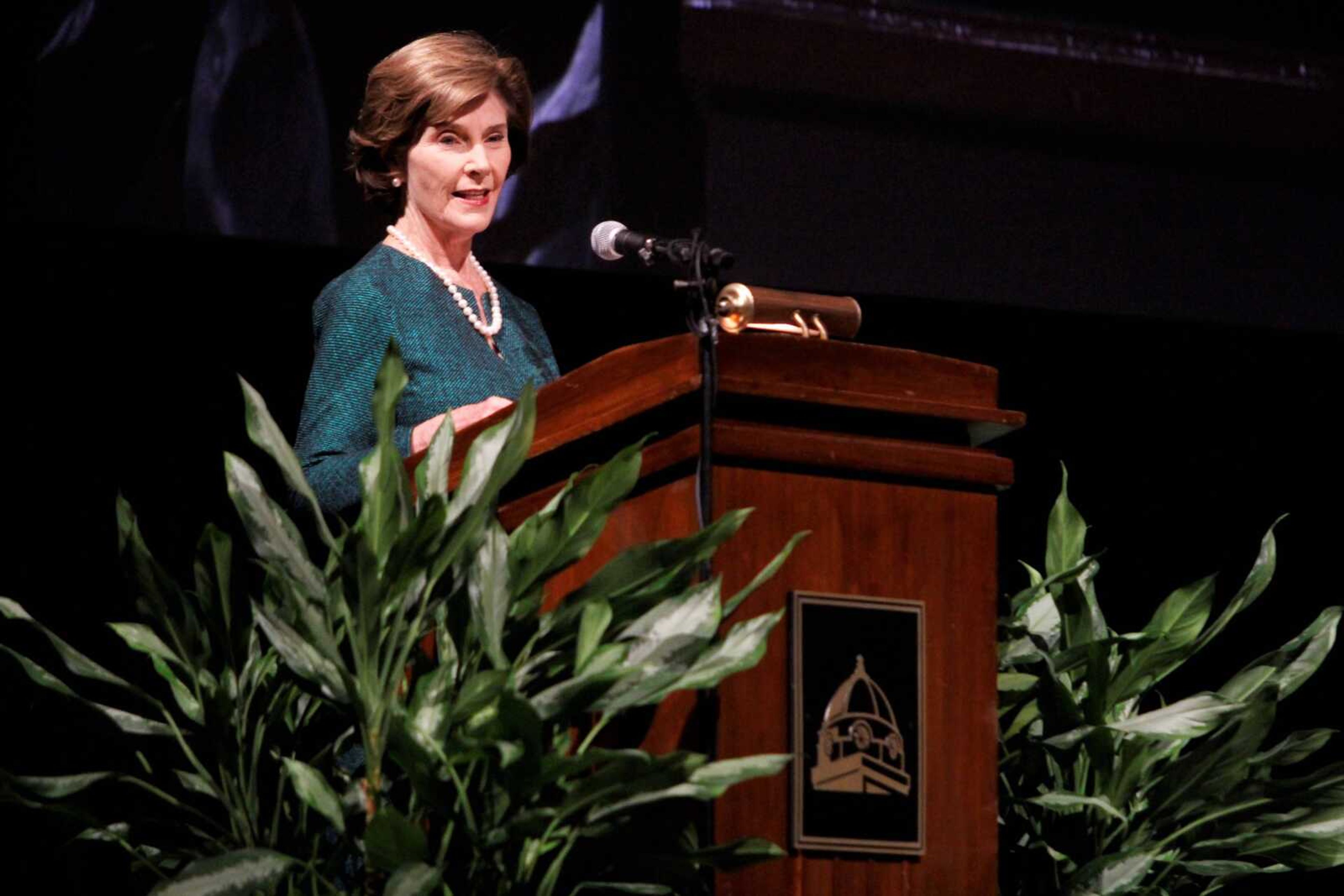 Laura Bush delivers a speech to the audience in attendance at the Show Me Center for the “Evening with Laura Bush” event on Feb. 21.
