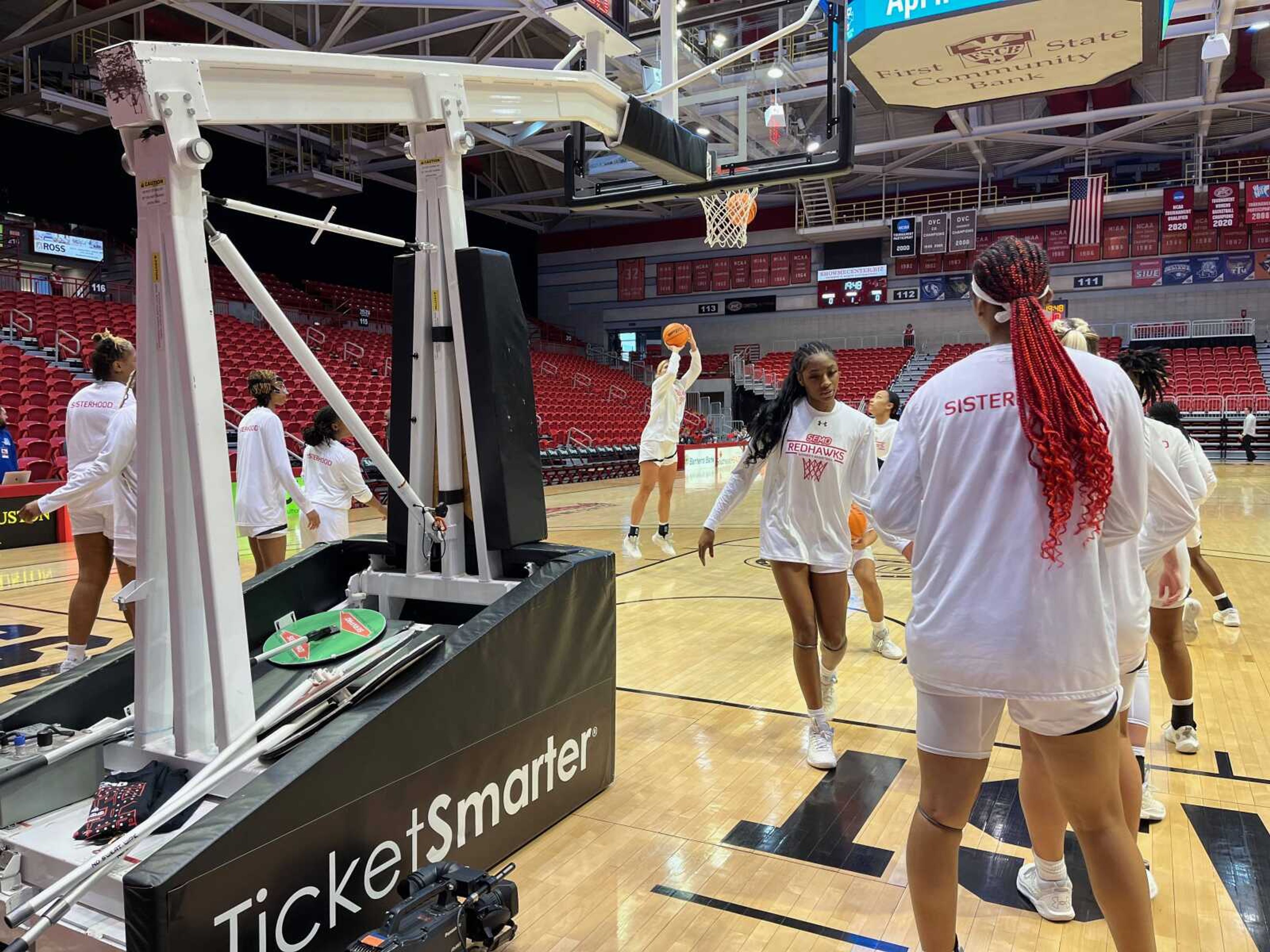 The Redhawks take part in warm-ups before their matchup against Tennessee State on Thursday, January 27. A season high in three-point shots made by the Redhawks propelled them to a 77-59 victory.
