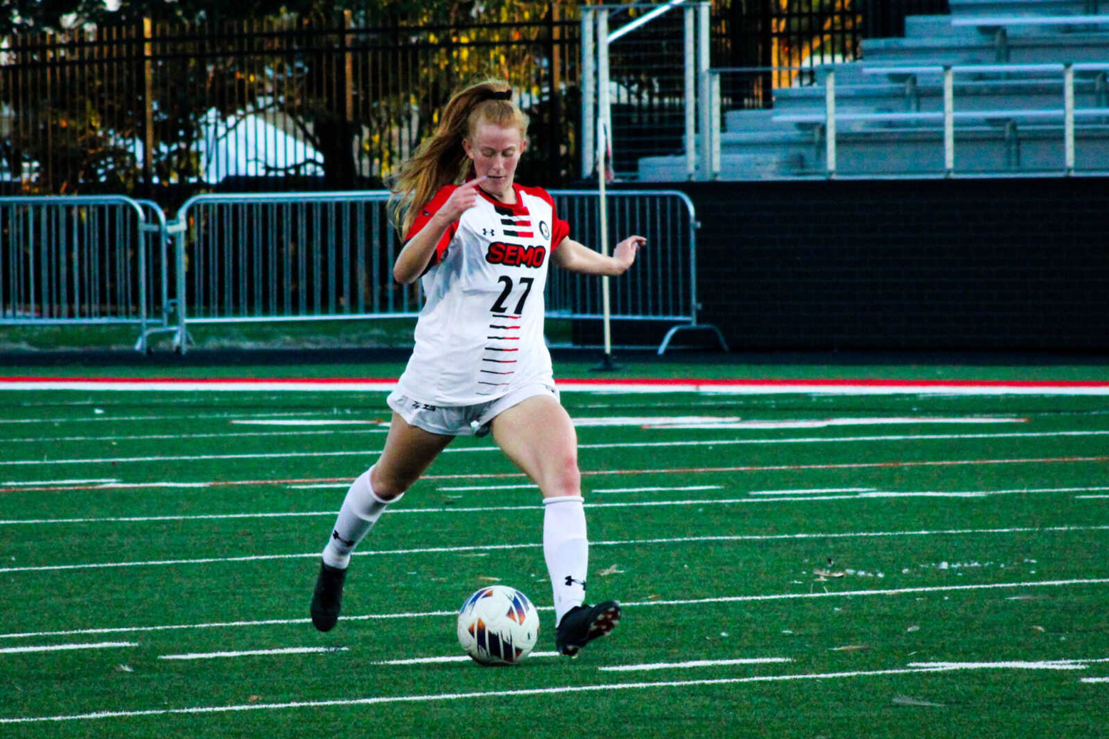 Graduate student Natalie Jackson prepares to pass to her teammate during SEMO's 1-0 victory over Columbia College on September 14 at Houck Stadium. Jackson helped The Redhawks keep a clean sheet, and win the game.