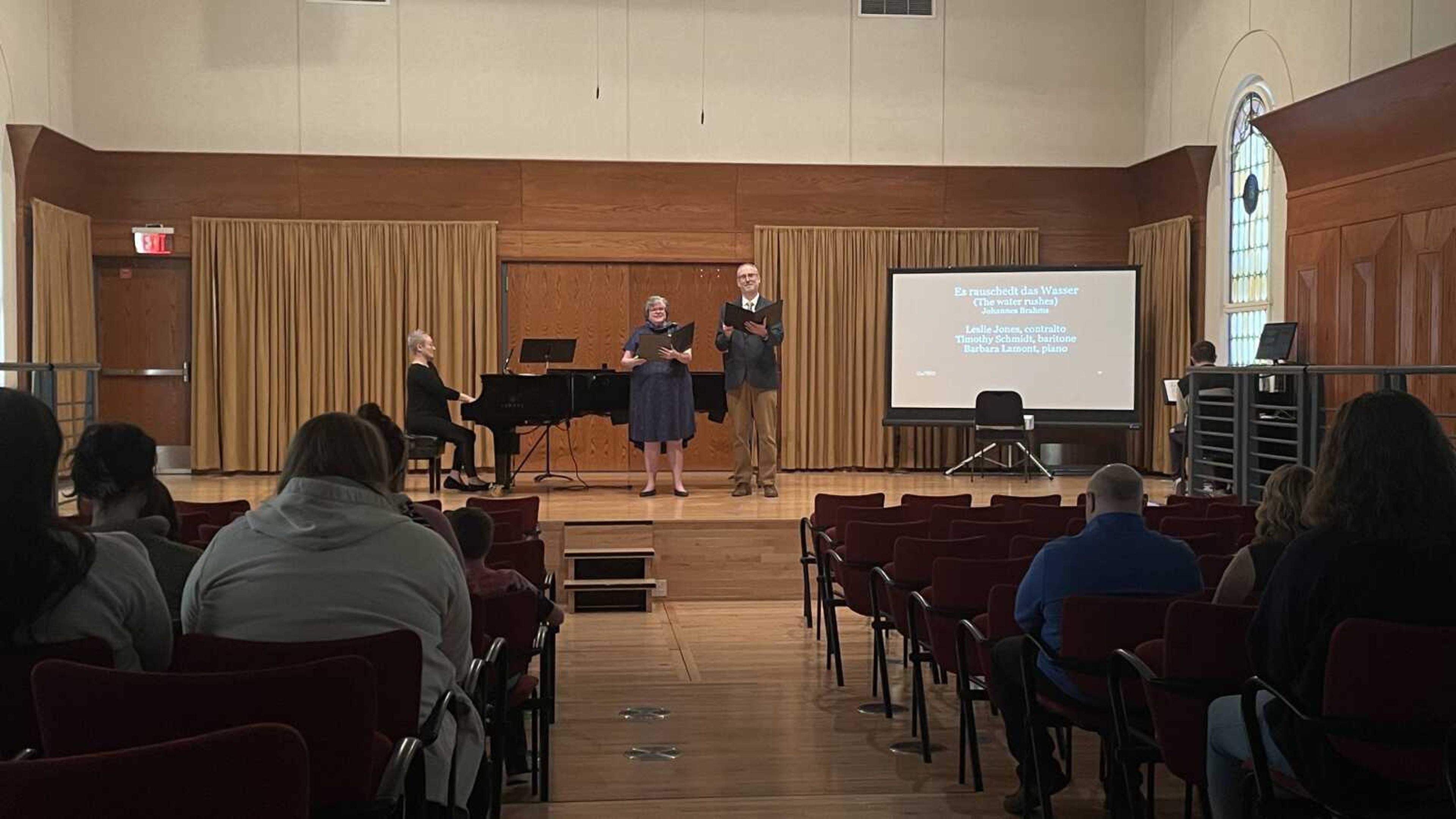 Barbara Lamont performs on the piano while Timothy Schmidt and Leslie Jones provide the vocals at Chamber Music with Voice. The concert was part of the River Campus' Sundays at Three series. 
