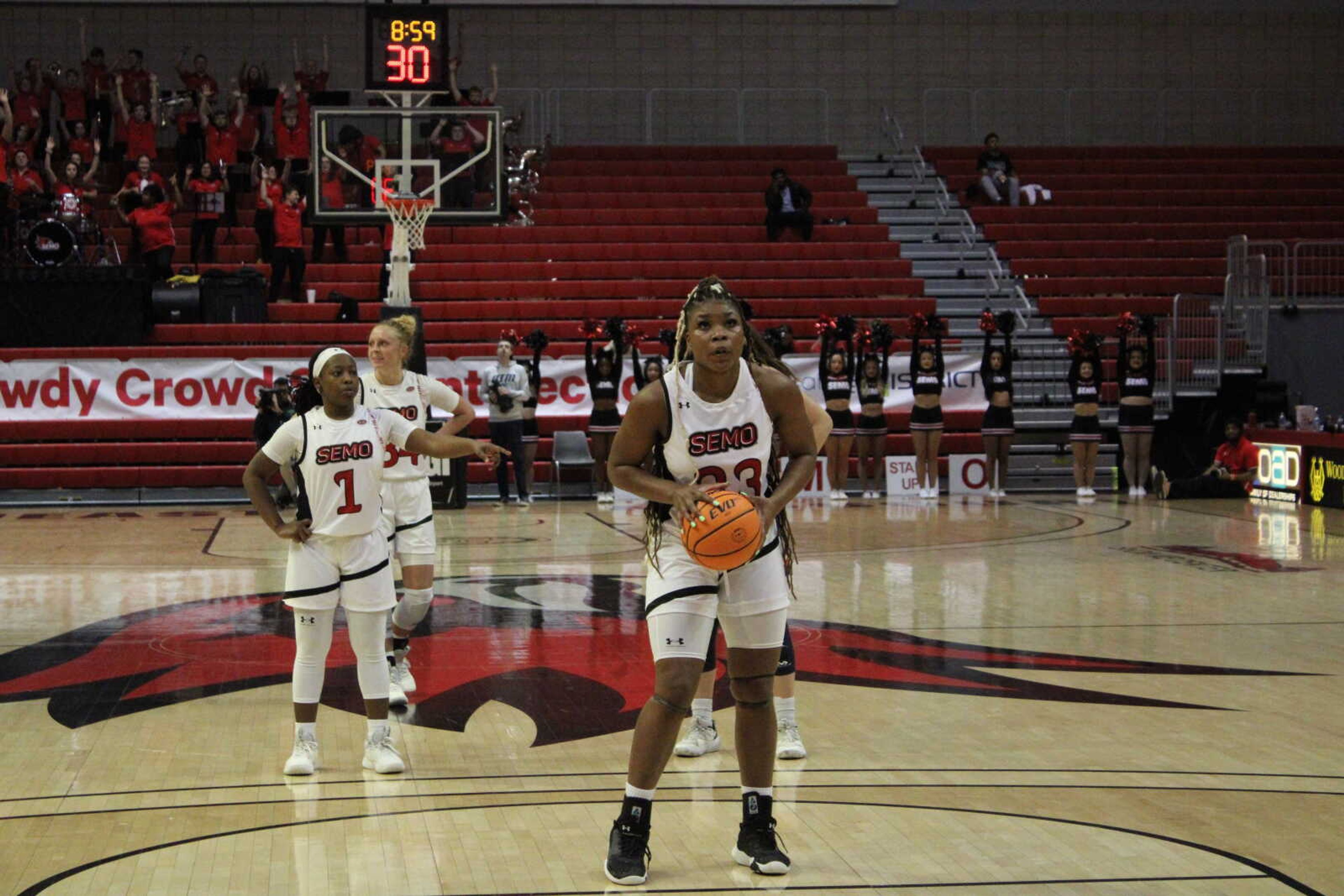 Redhawks senior forward Tamia Stallings (23) prepares to shoot a free throw during Thursday's game against UT Martin. Stallings recovered seven rebounds throughout the game.