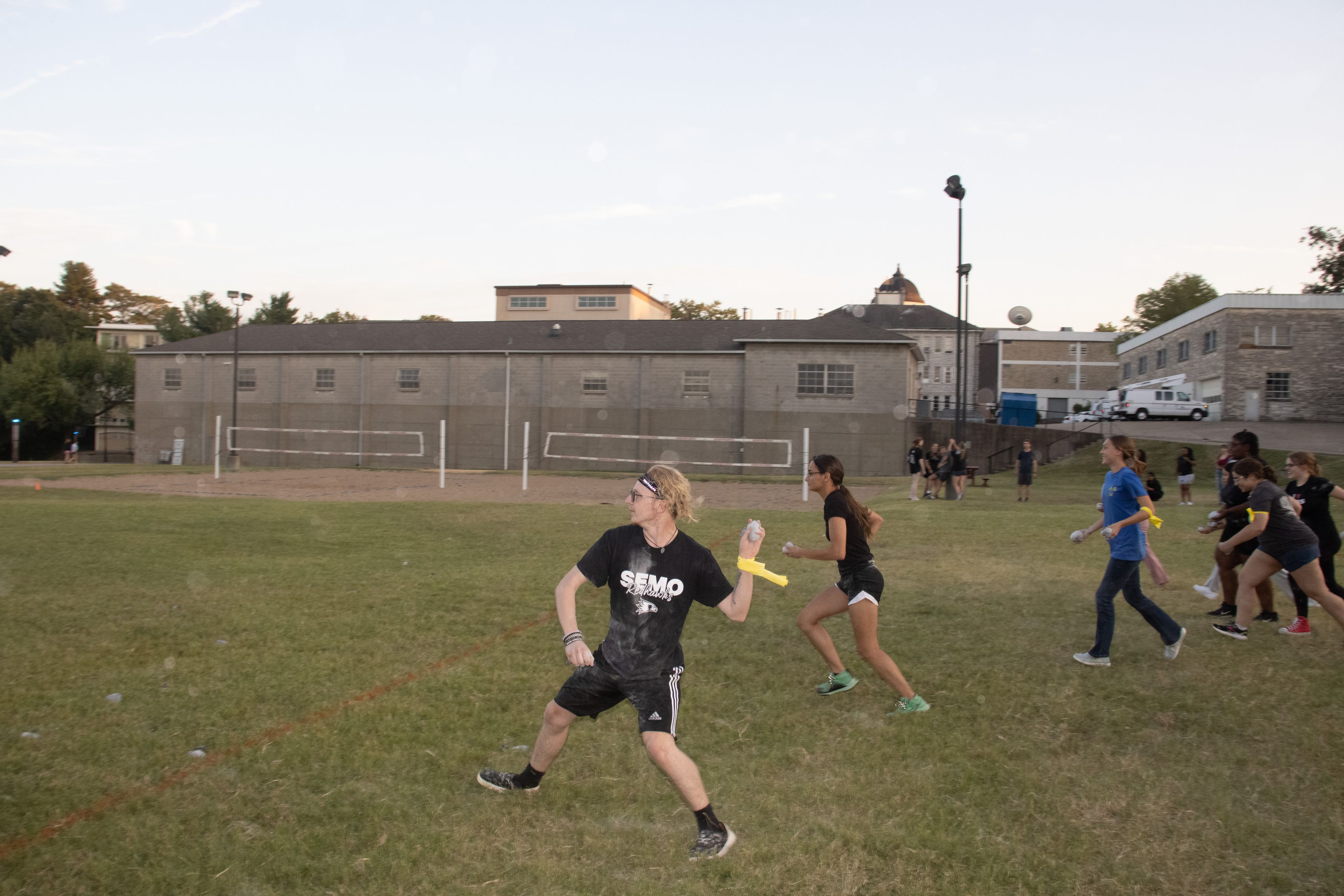 The teams get ready to throw their flour at the opposing team.