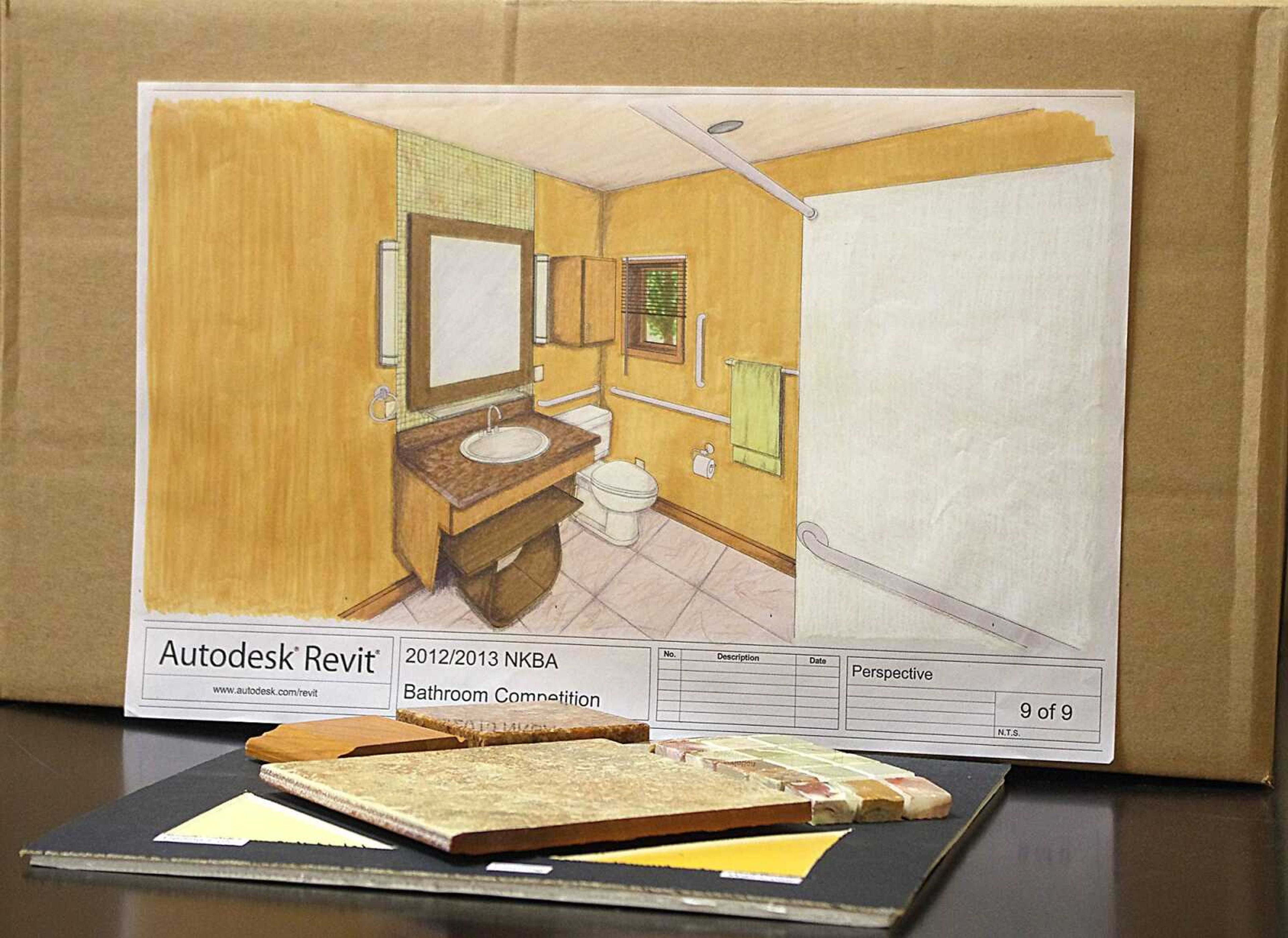 A floor plan for a bathroom designed by an interior design student in Scully Building. Photo by Nathan Hamilton