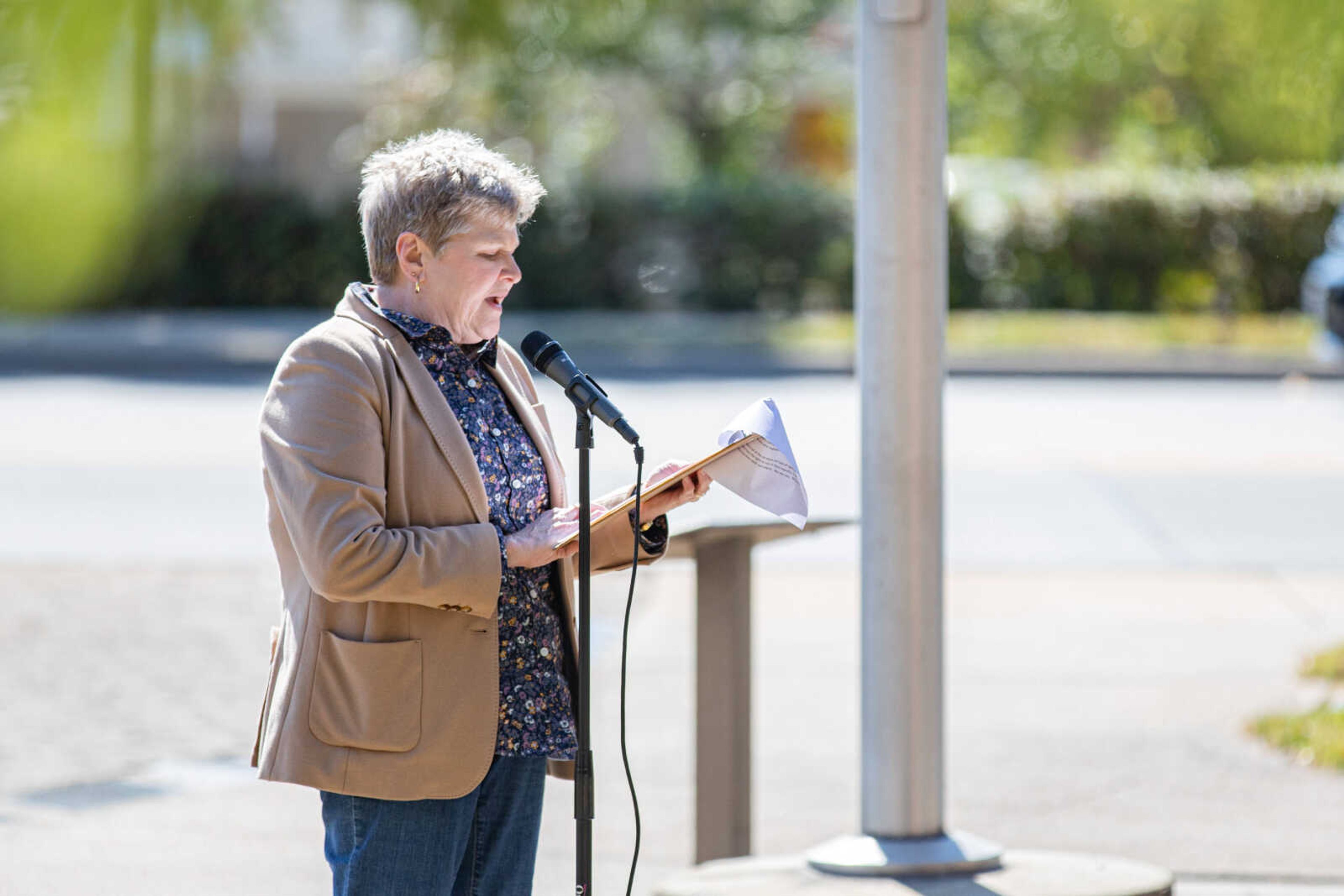 Missouri Congressional Candidate, Kathy Ellis speaks during a women's rights march in Cape Girardeau, Missouri. October 17, 2020.