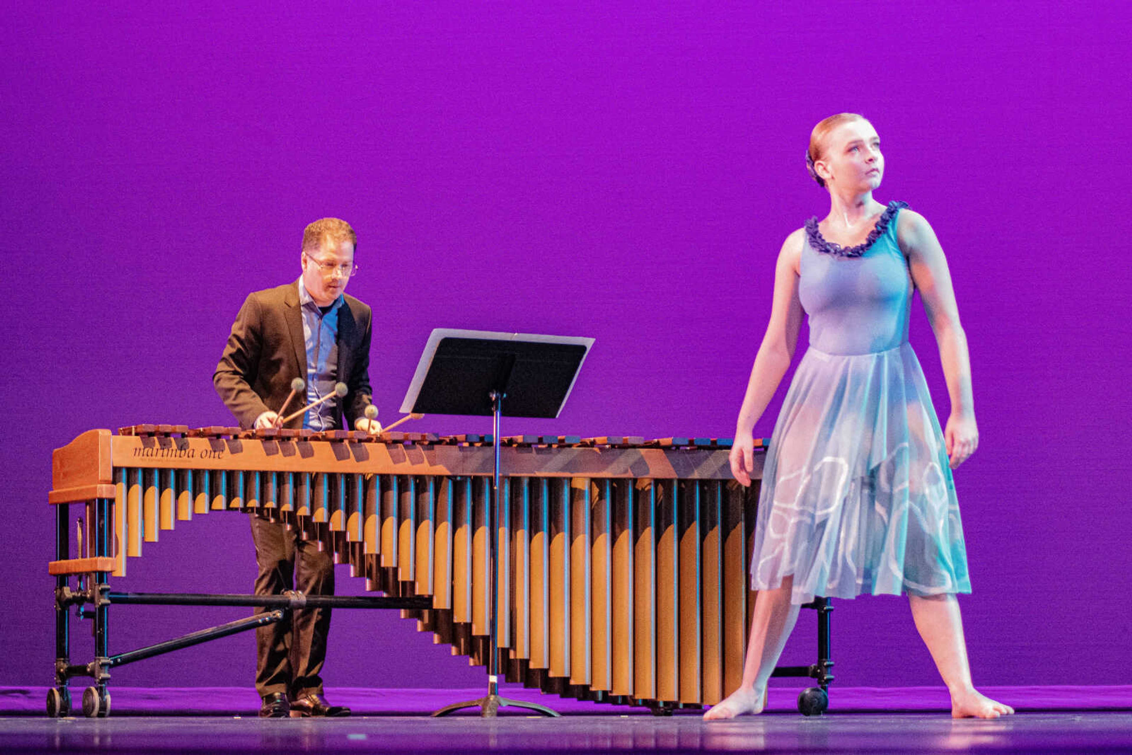 Dancer Emma Knowlton waits for a cue from musician Christopher Wilson to start her next sequence of movements at the 2019 Fall for Dance performance. The 2022 Spring into Dance performance is collaborating with SEMO's percussion ensemble for the first time in several years.