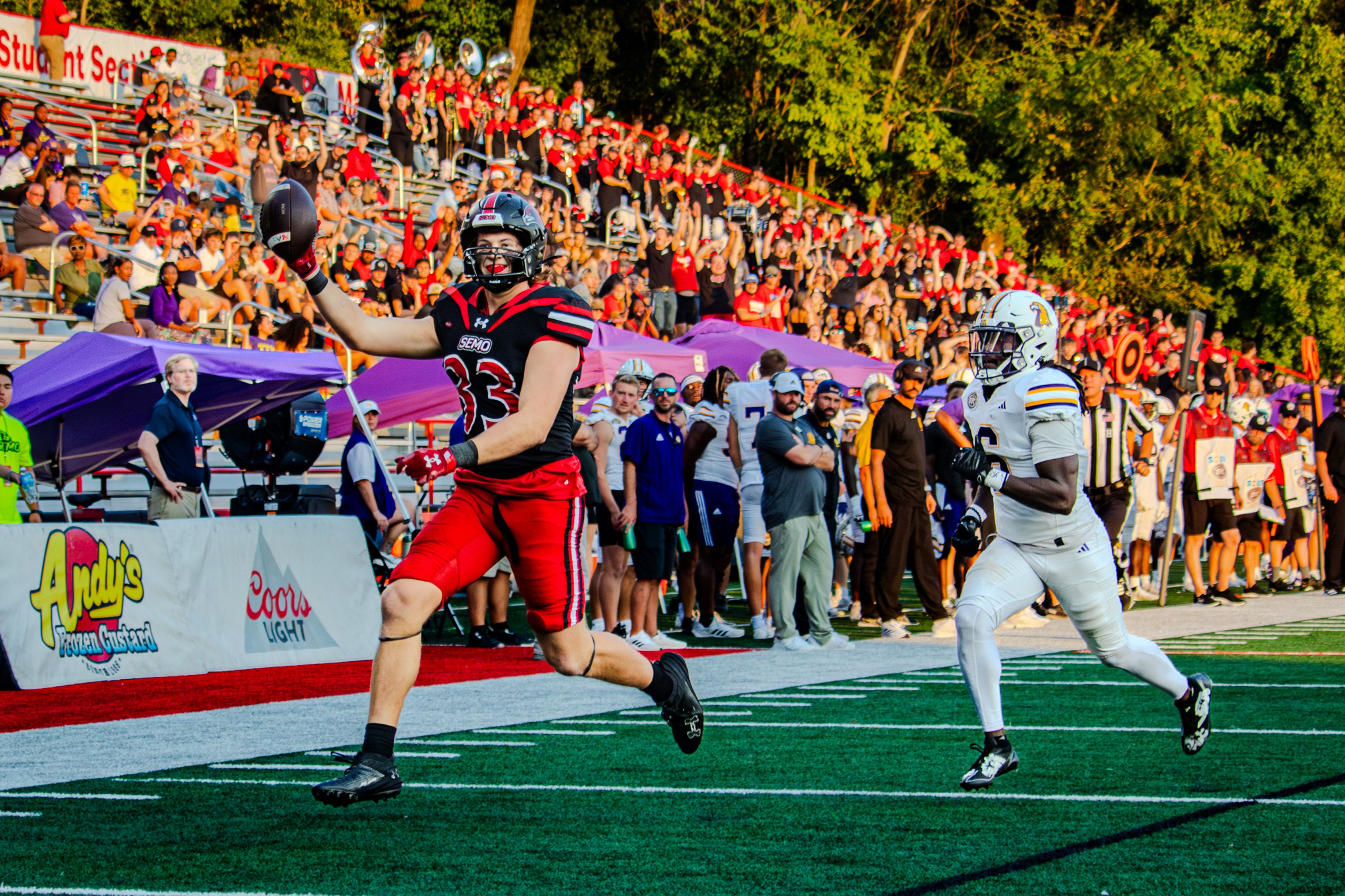 Senior wide receiver Mitchell Sellers celebrates a touchdown near the end zone against TTU.