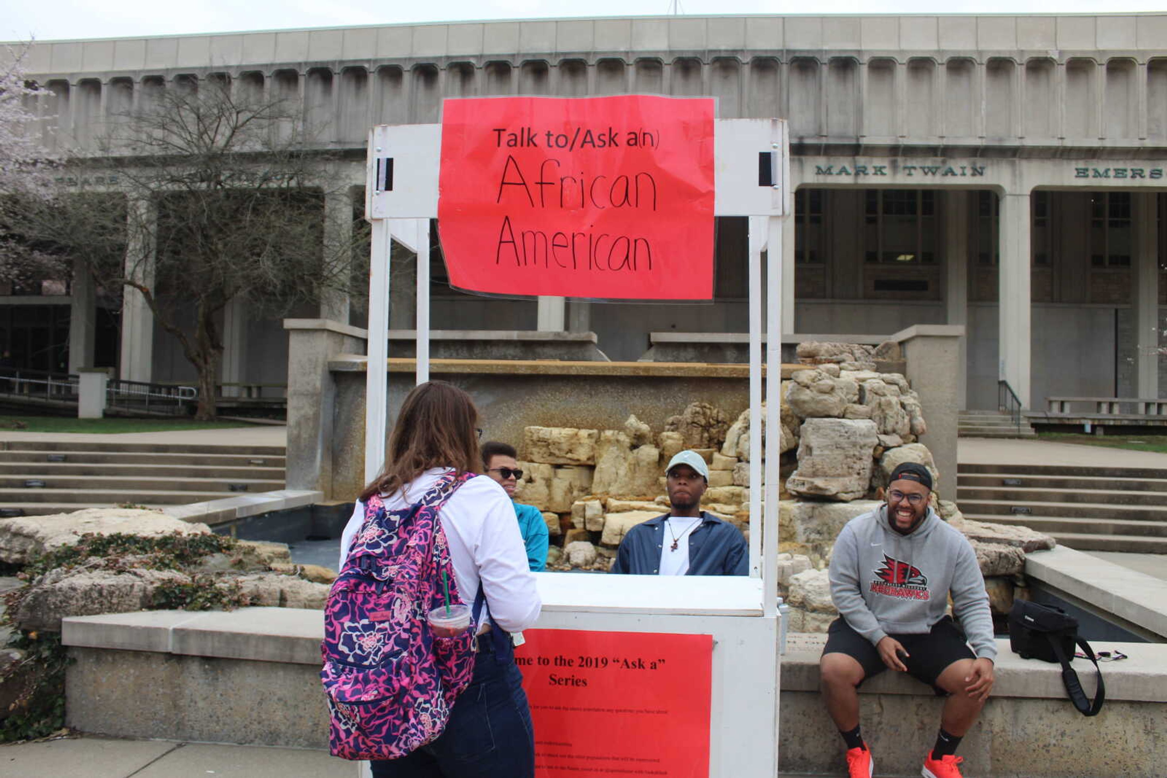 (Left to Right) Sophomore Joshua Taylor, Senior Jay Wade and Diversity and Inclusion Chair Xavier Payne answer student questions at their Ask an African American booth.