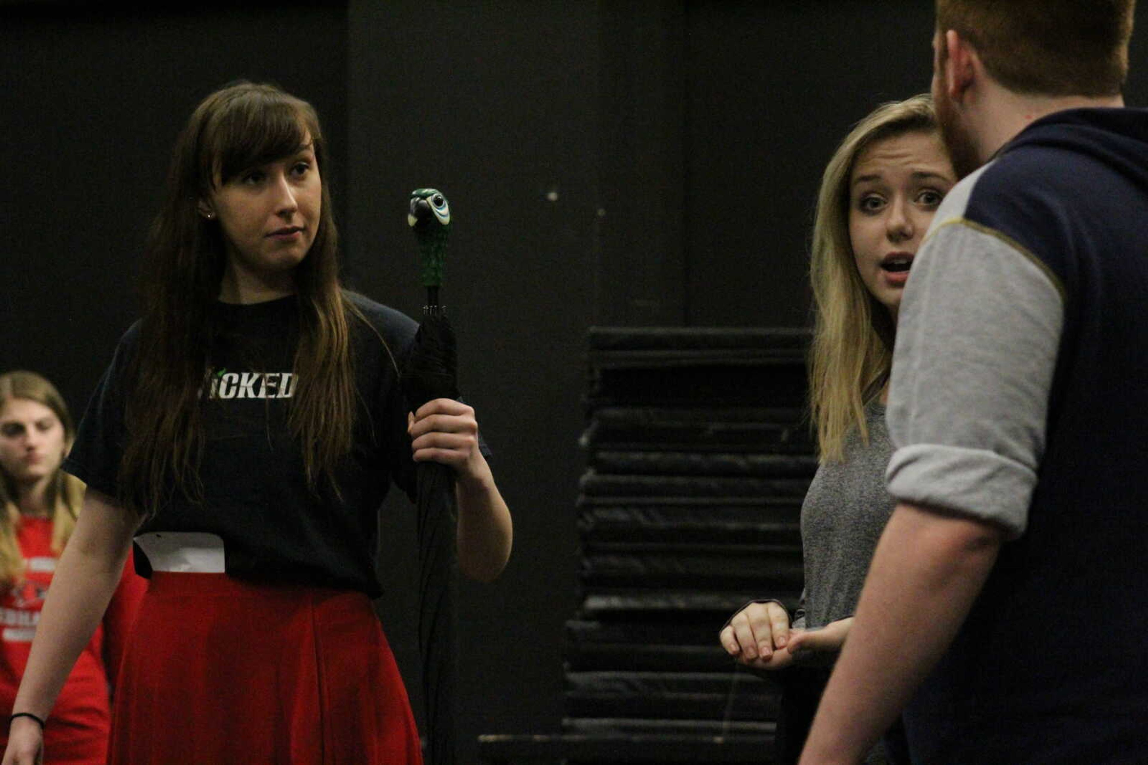 Southeast Senior Abigail Alsmeyer, playing Mary Poppins, speaks to Southeast senior Jacquelyn Kiefner during a Mary Poppins rehearsal. Jan 29.