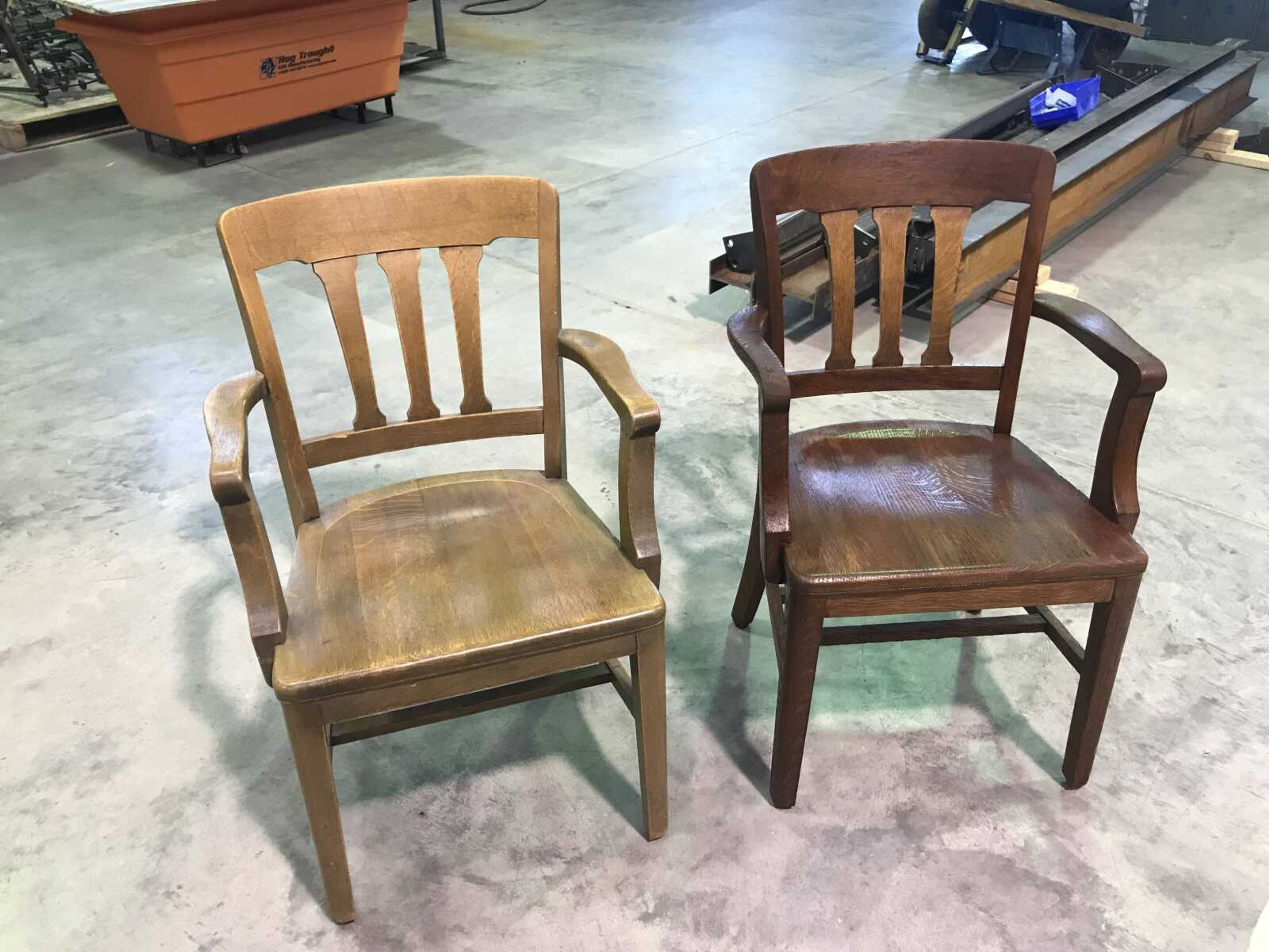 Before and after of the chairs Reckling restored. All chairs were bought in 1939 for the new Kent Library, all made of tigered oak. Only 14 chairs exist currently. The original purchase number for these chairs was 250.
