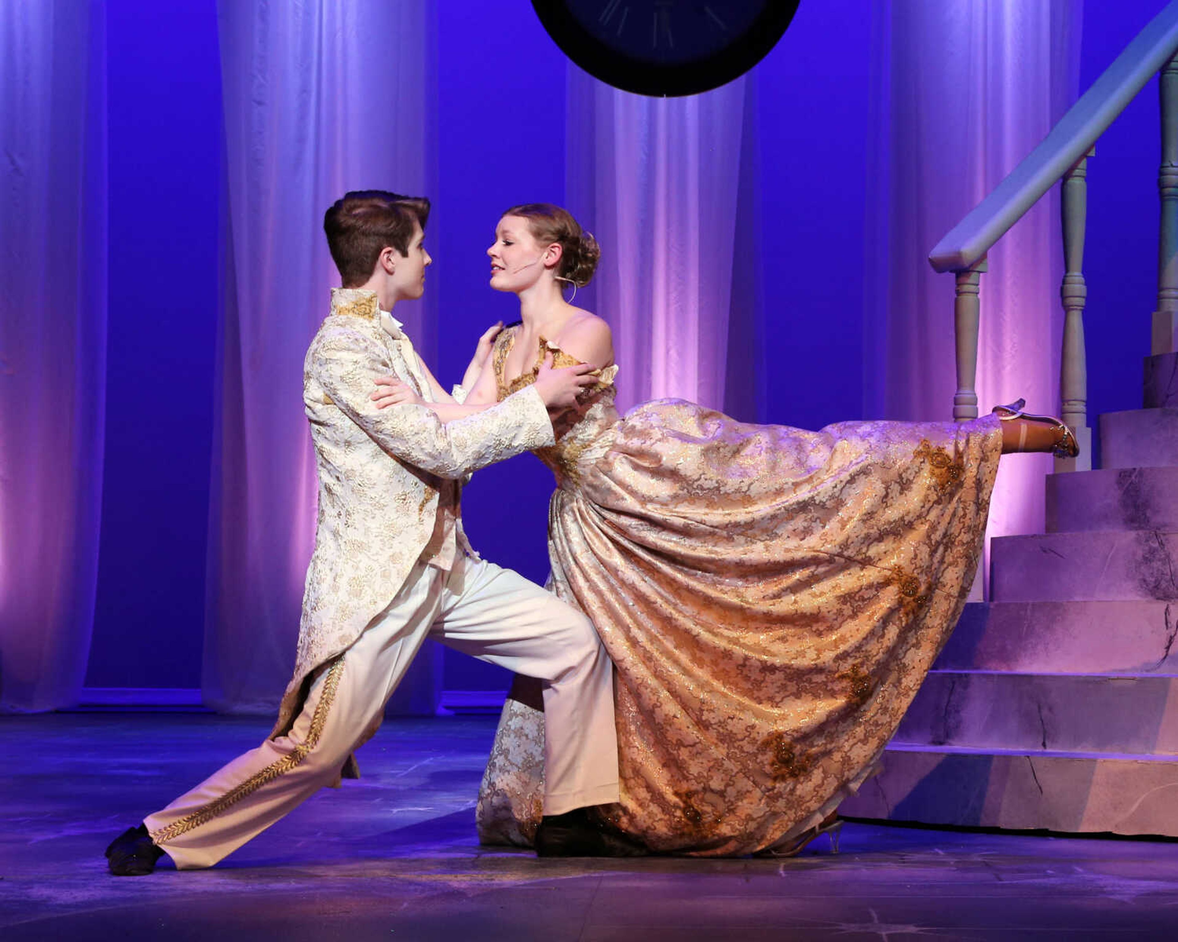 Ella, played by Mackenzie Godfrey, dances with the prince played by Payton Johnson. Cinderella is one of the biggest plays River Campus has done since the pandemic. It is showing in the Bedell Performance Hall from Feb. 16 - 20.