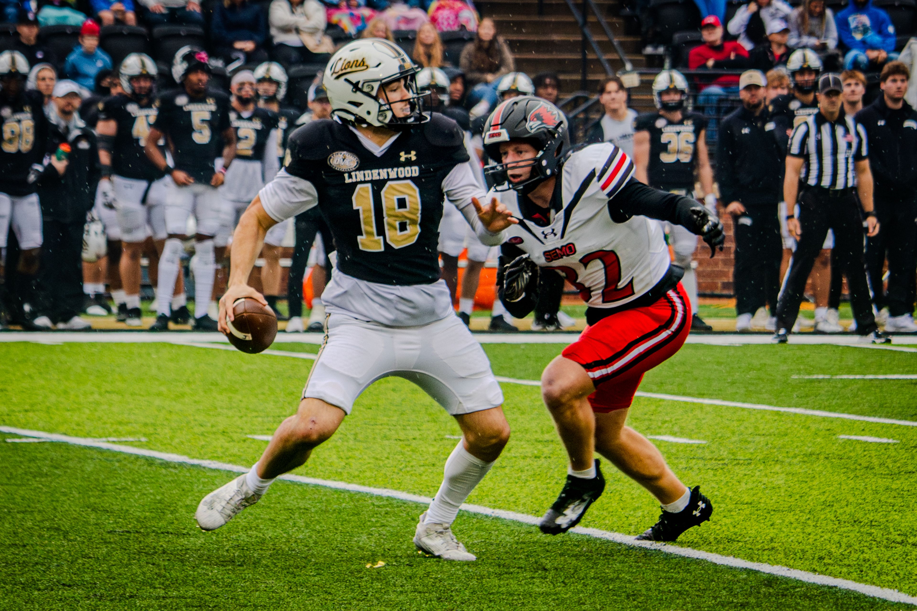 Senior inside linebacker Bryce Norman rushes to tackle Lindenwood's quarterback. 