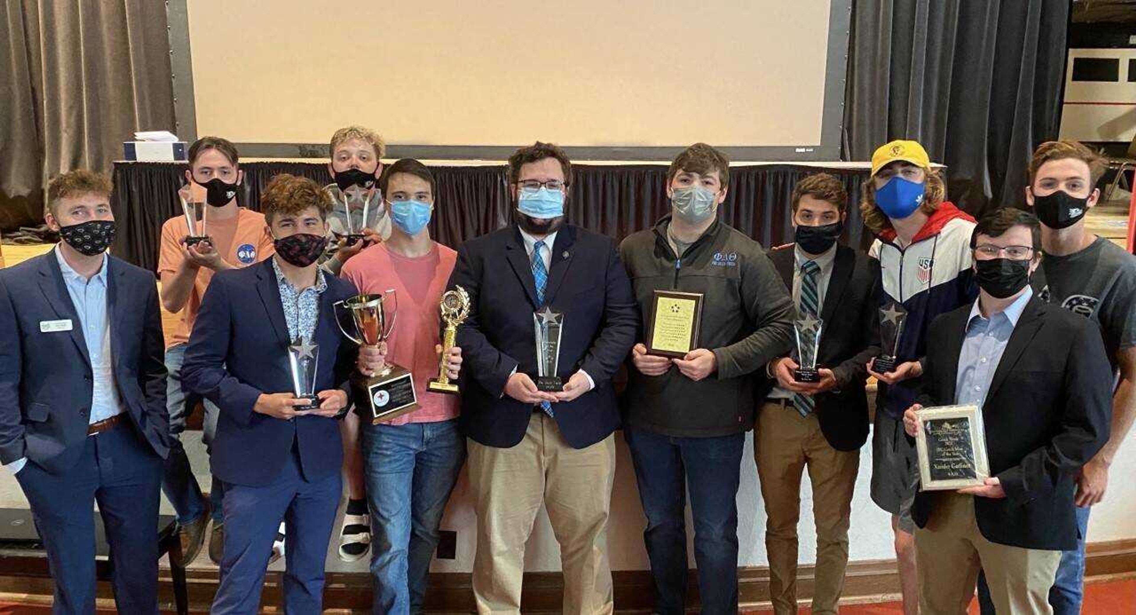 Phi Delta Theta members after being named the Fraternity of the Year at the award ceremony on April 18th. In the center is Alex Younkins holding the award.