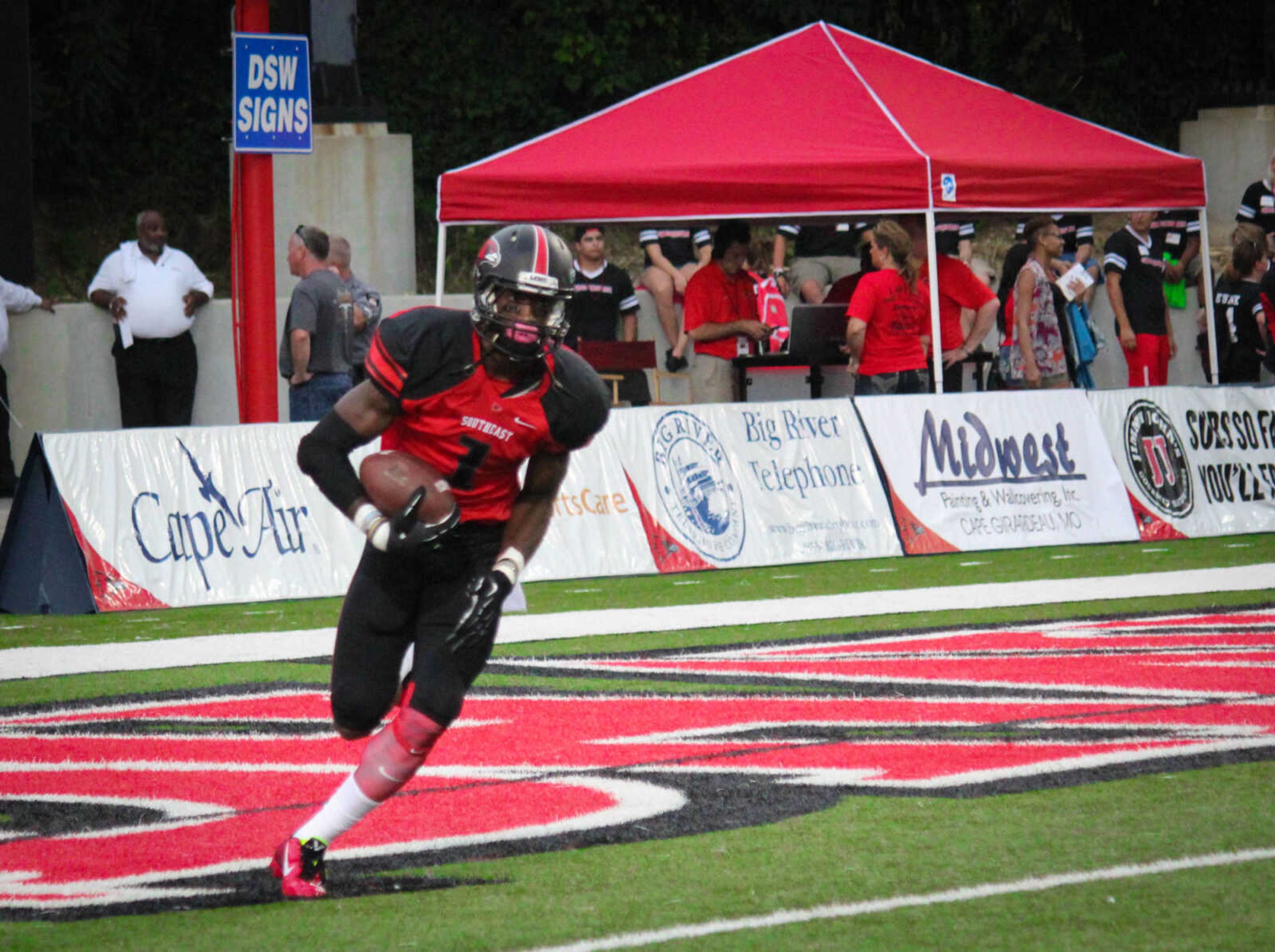 Wide Receiver Paul McRoberts taking the ball out of the end zone during pre-game before the season-opener against Missouri Baptist on Aug. 28 at Houck Stadium. Photo by Julian Sanders