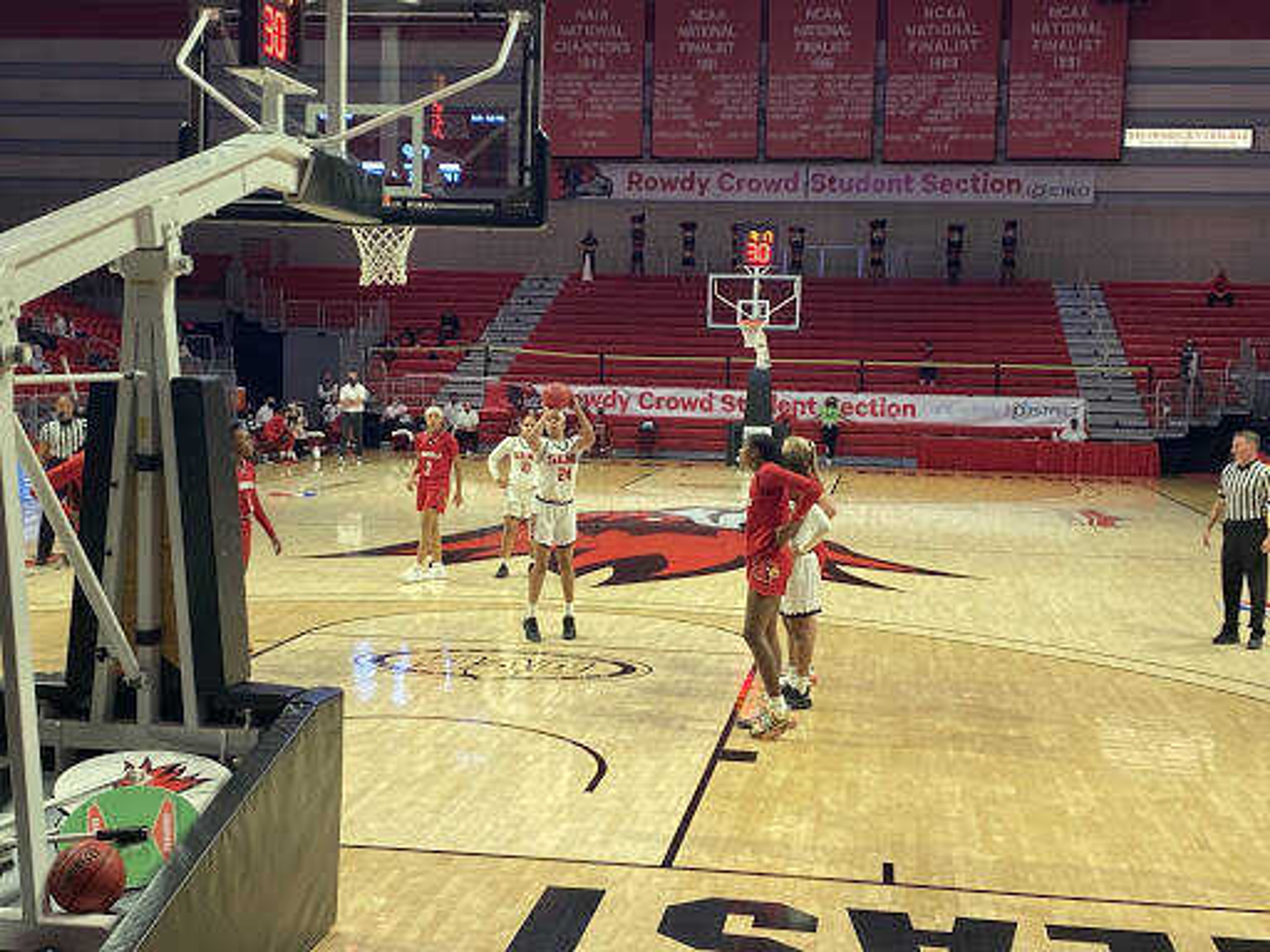 Senior guard Tesia Thompson shoots a free throw during the Redhawks 74-53 loss to the Louisville Cardinals.