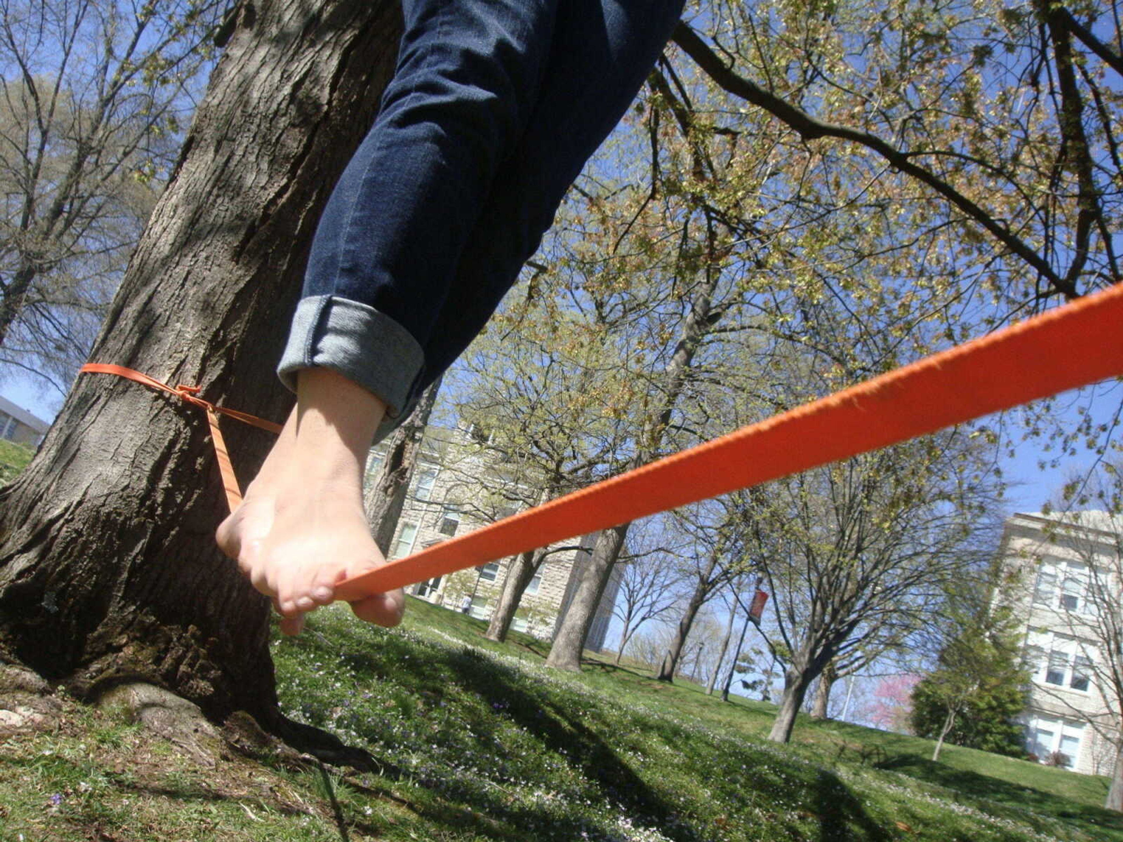 Jessica Buettner slacklining at TOMS event "One Day Without Shoes." (picture from TOMS on Campus)