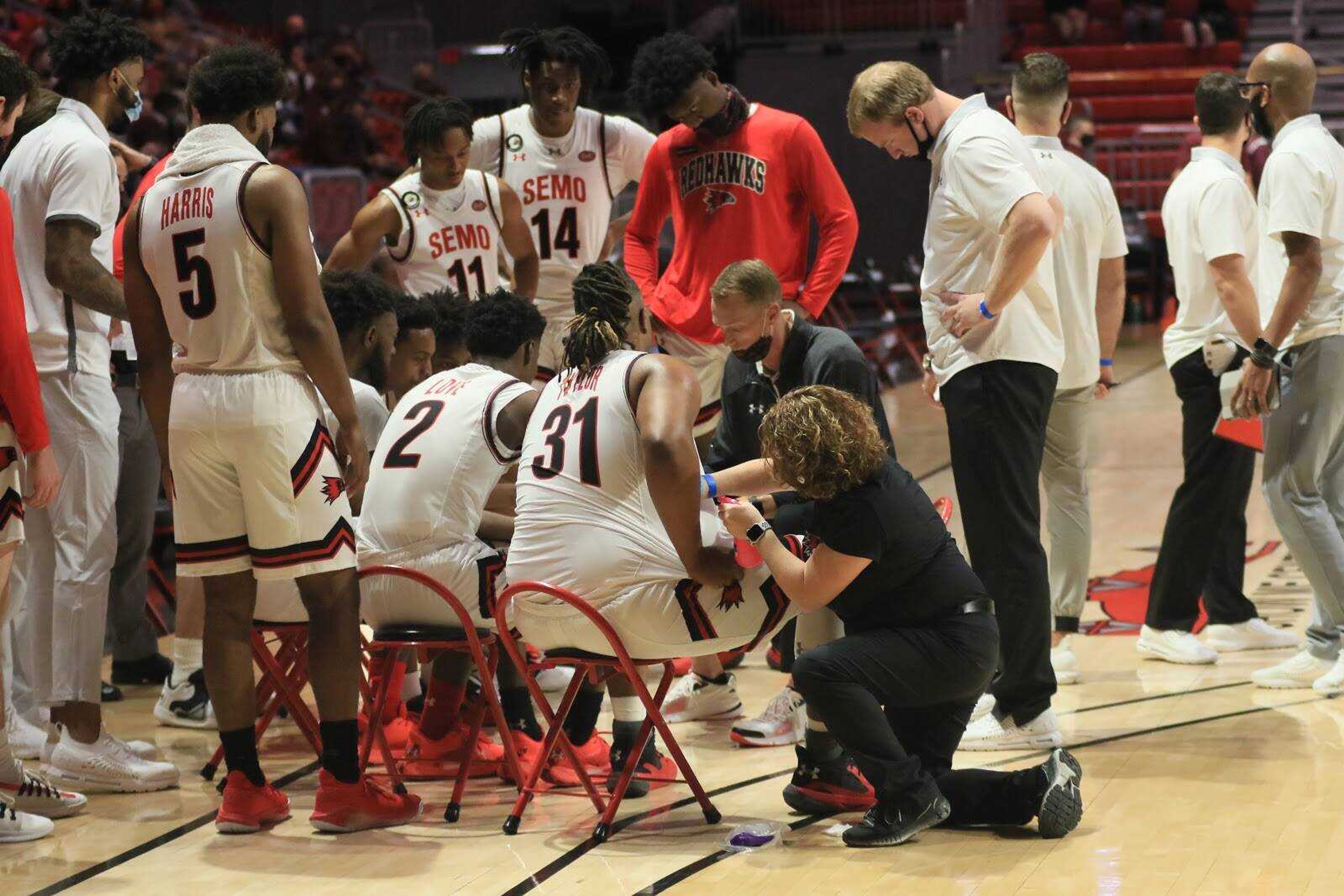 Brad Korn instructs his team during a timeout in Southeast’s 87-79 overtime loss to Southern Illinois on Dec. 2 at the Show Me Center in Cape Girardeau.