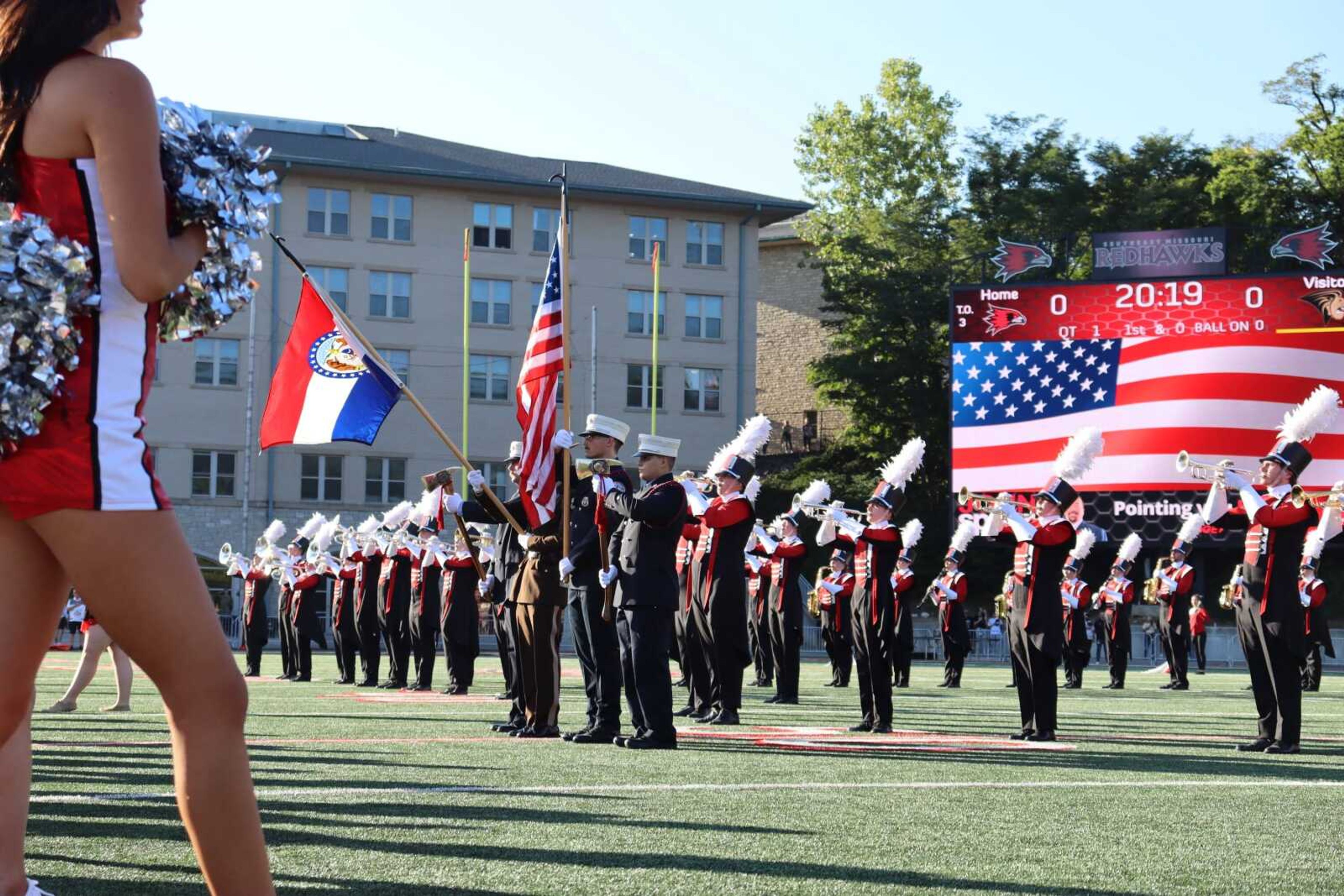 SEMO marching band executes their performance for the upcoming Bands of America Super Regional Championship event for spectators at the SEMO home football game on Sept. 9.