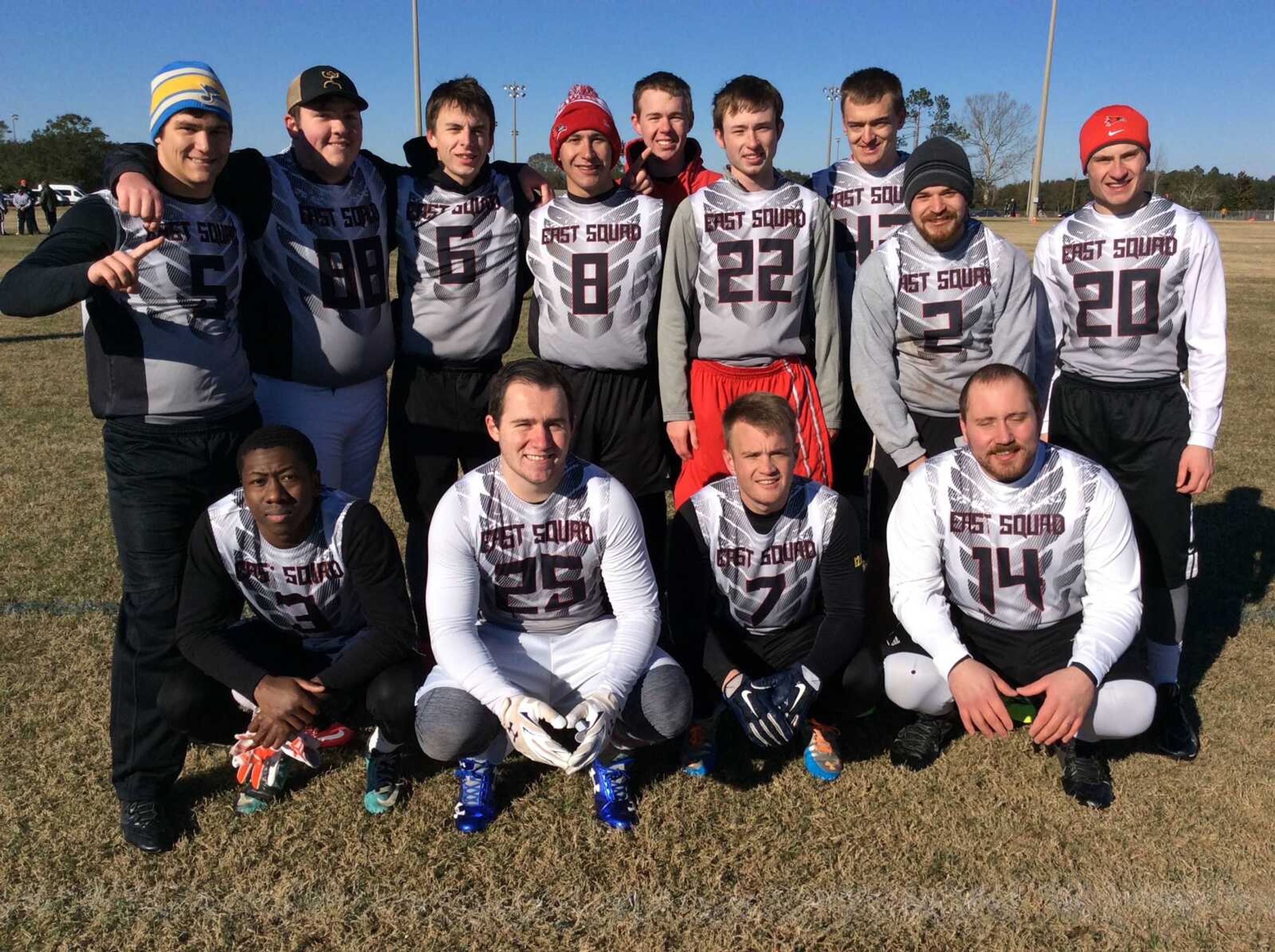 East Squad, comprised of a group of men that lived together on a Towers East floor completed in that national flag football tournament during winter break.