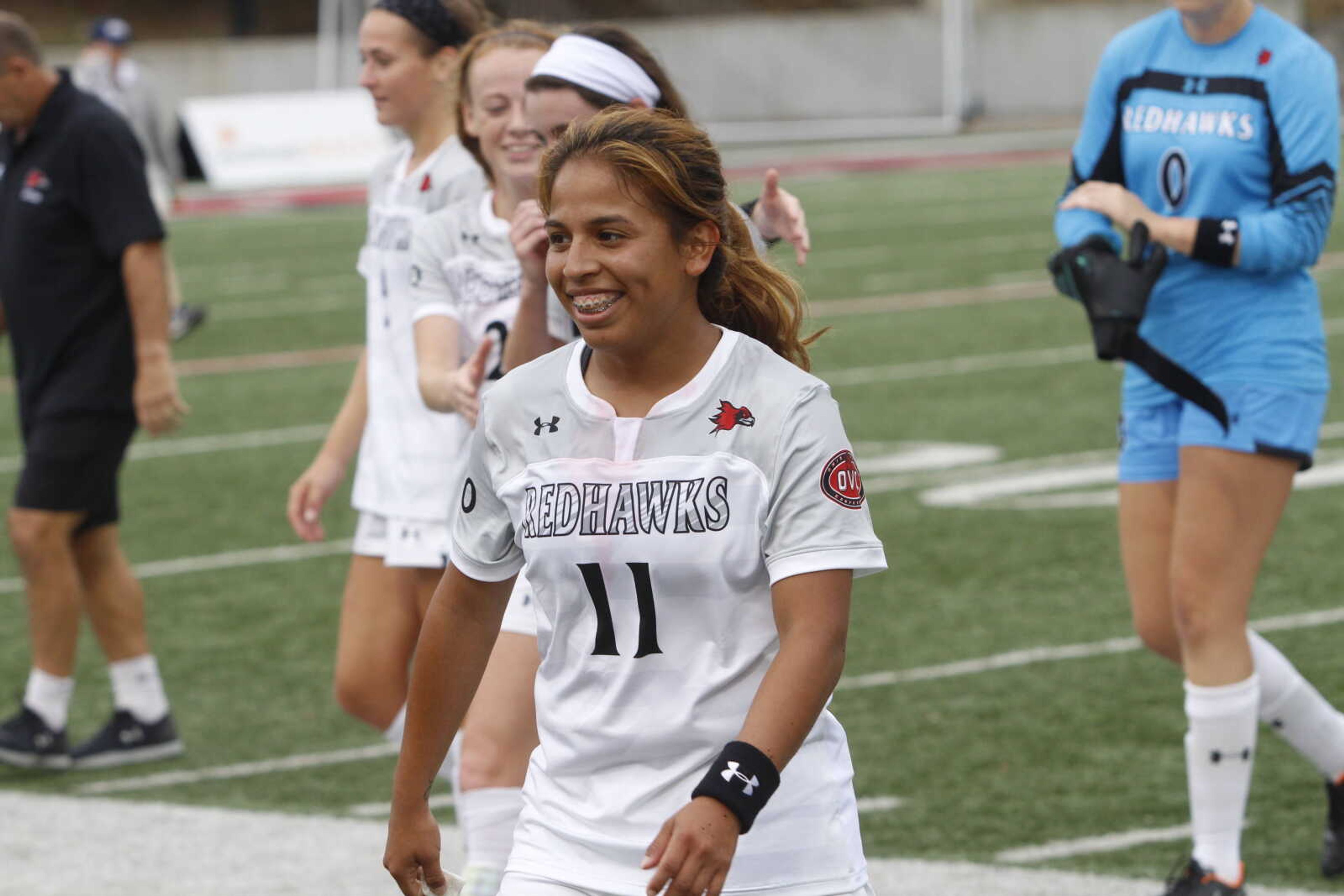 Senior midfielder Esmie Gonzales smiles as she exits the field after a 1-0 win over Oral Roberts on Sept. 9.