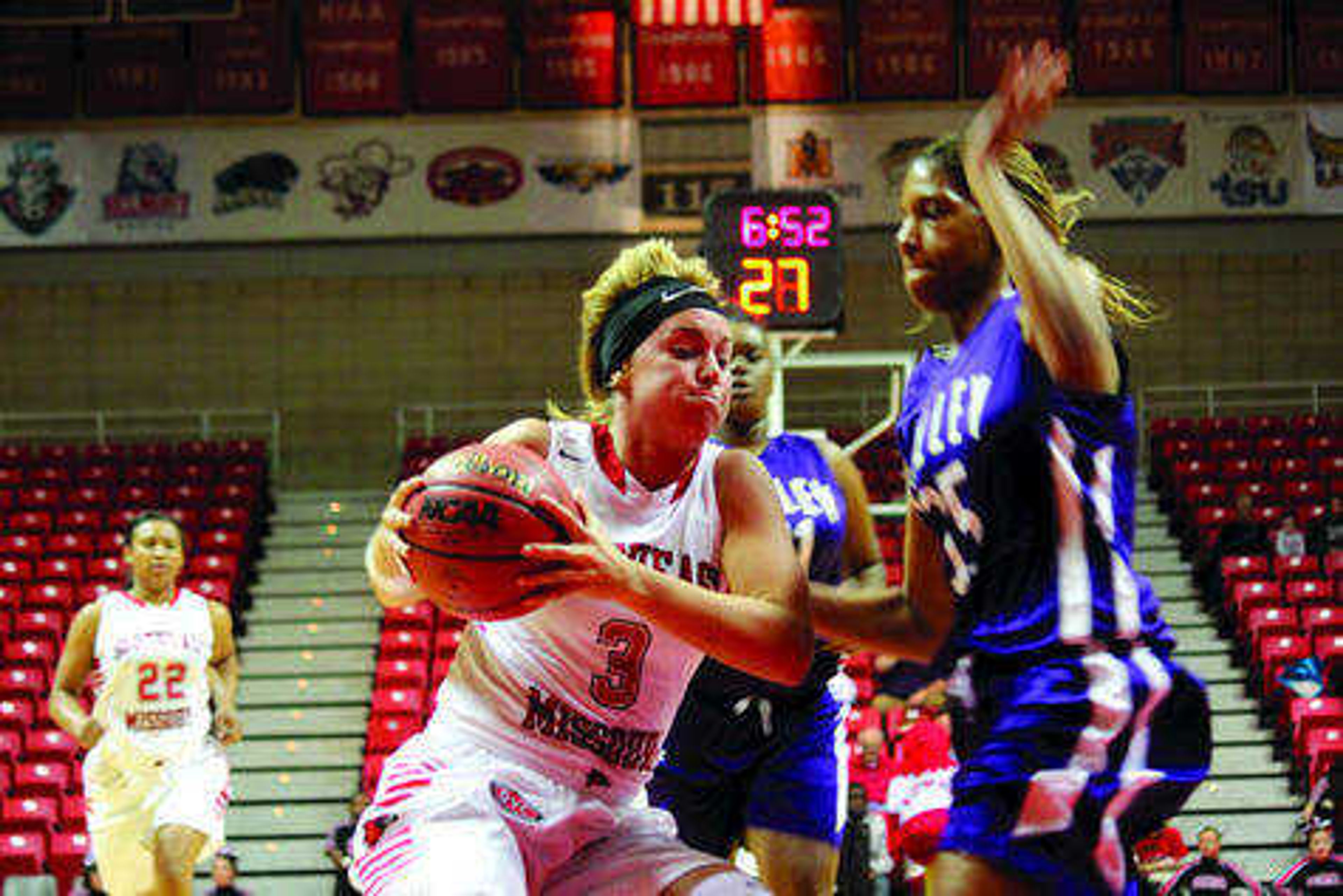 Hillary Lively driving to the basket in a 81-68 victory over Missouri Valley in exhibition play. Photo by Isaiah Adams