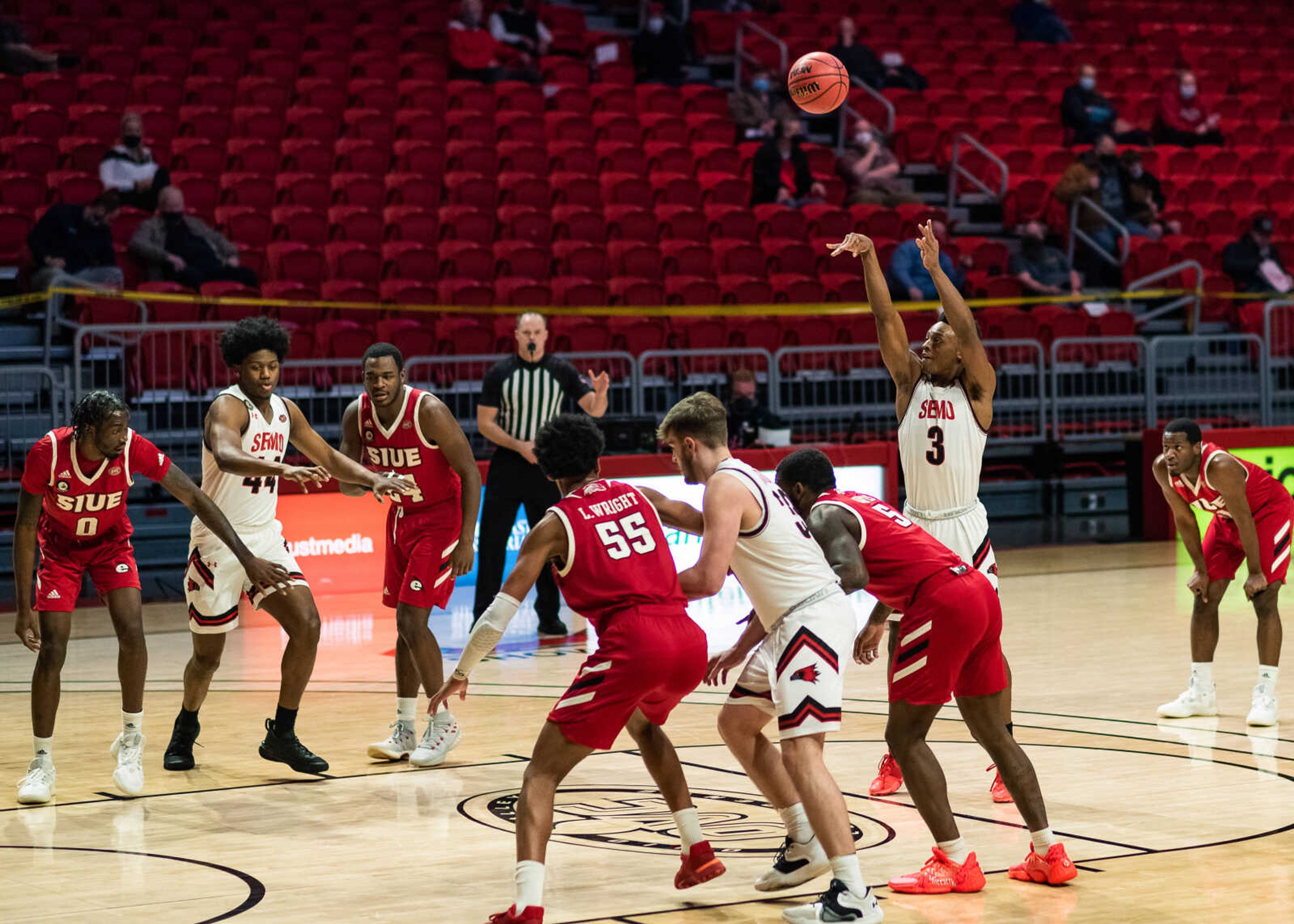 Junior guard Eric Reed Jr. attempts a free throw during a game against Southern Illinois University Edwardsville on Jan. 28 at the Show Me Center in Cape Girardeau. Reed led the Redhawks in three point percentage last season, shooting 45.9% from deep.
