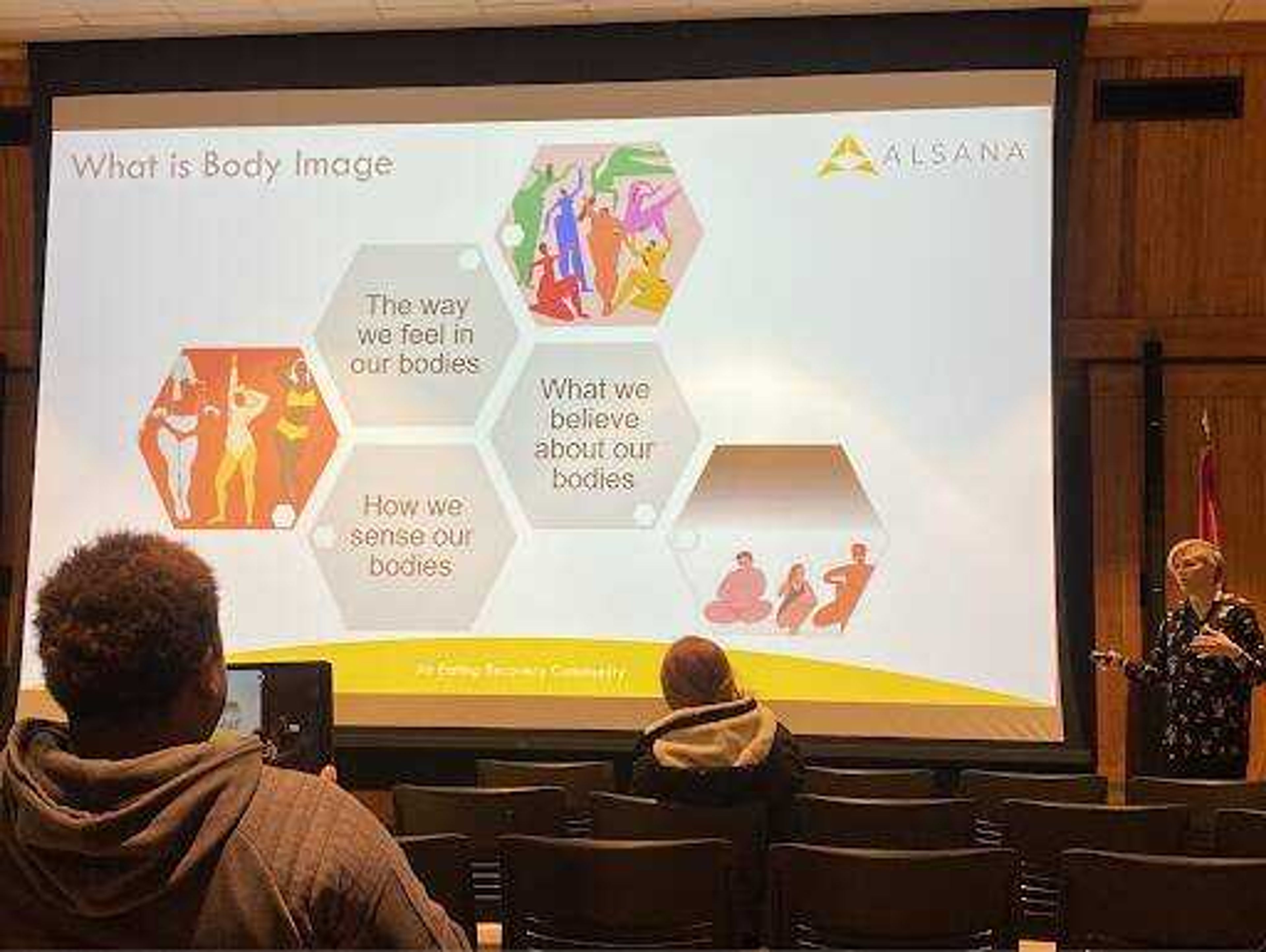 Lolly Wool, a guest speaker from Birmingham, Ala. and the Regional Executive Director of Alansa, talks about the different components that make up body image. Wool spoke at the University Center this Wednesday as part of Eating Disorder Awareness Week.