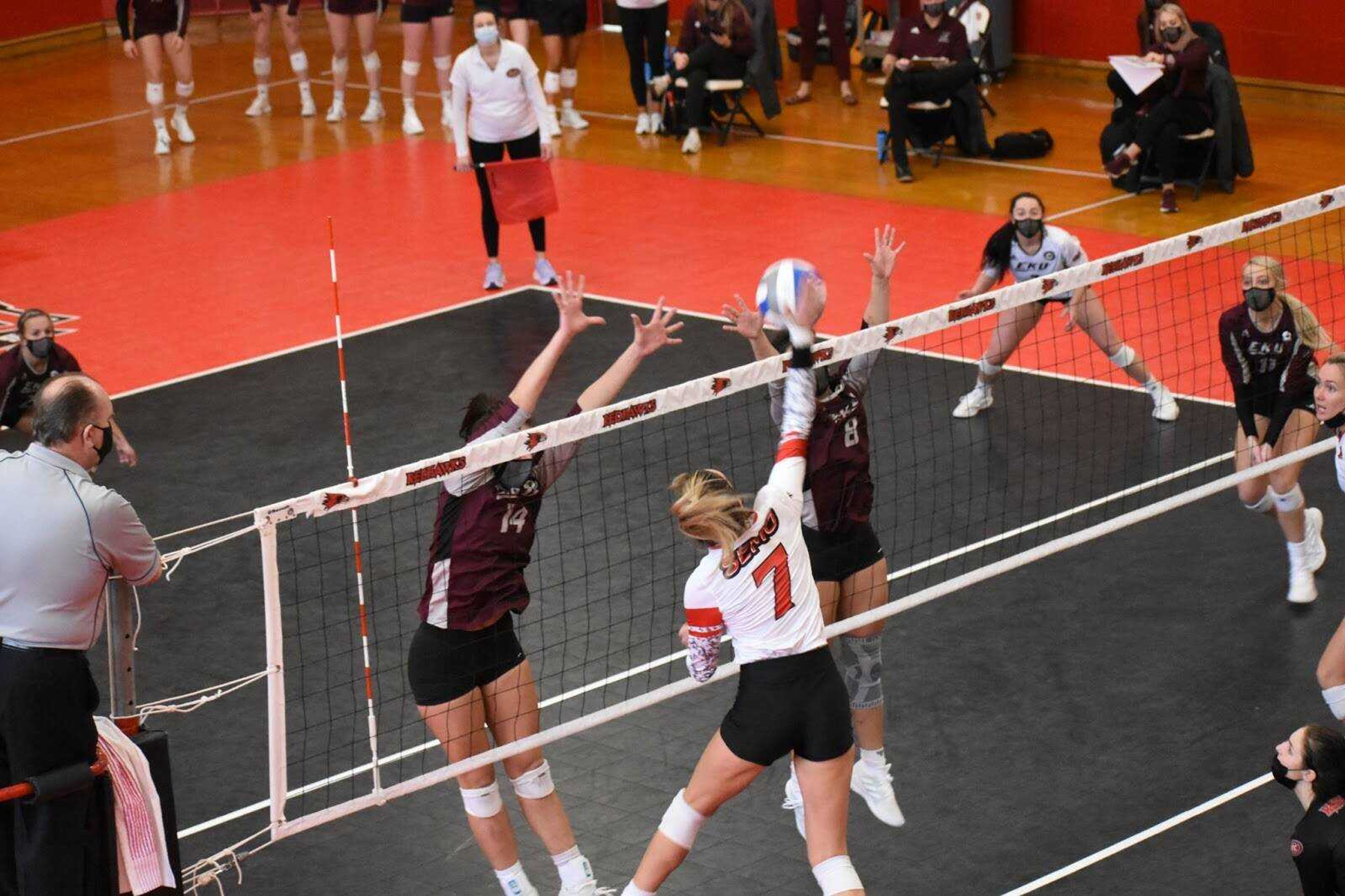 Senior outside hitter Laney Malloy goes for a spike during a pair of four set wins for Southeast over EKU on Feb. 14 at Houck Field House in Cape Girardeau.