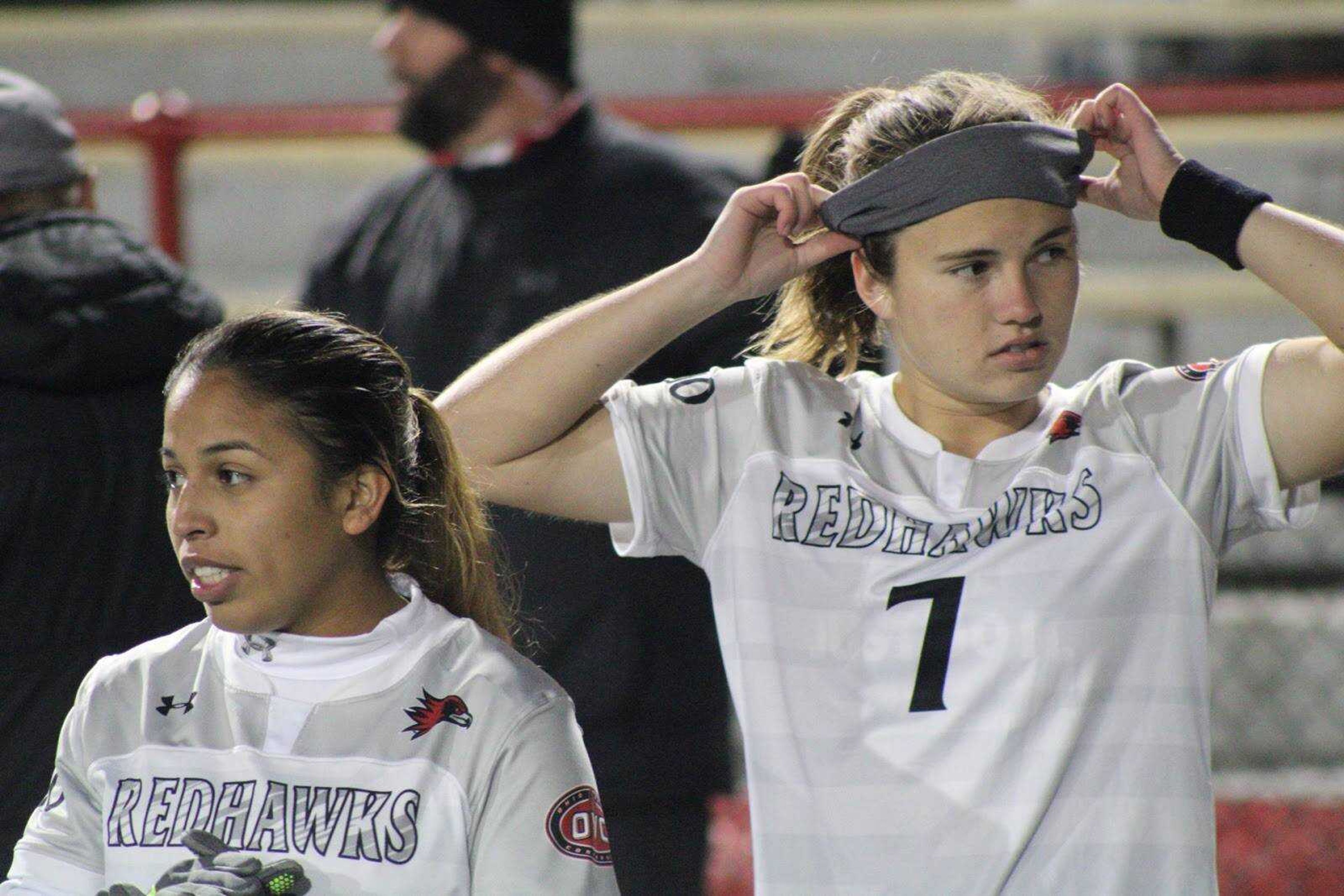 Senior midfielder Esmie Gonzales and freshman forward Hailey Block prepare for the start of the second half against SIUE on Nov. 8 at Houck Field.