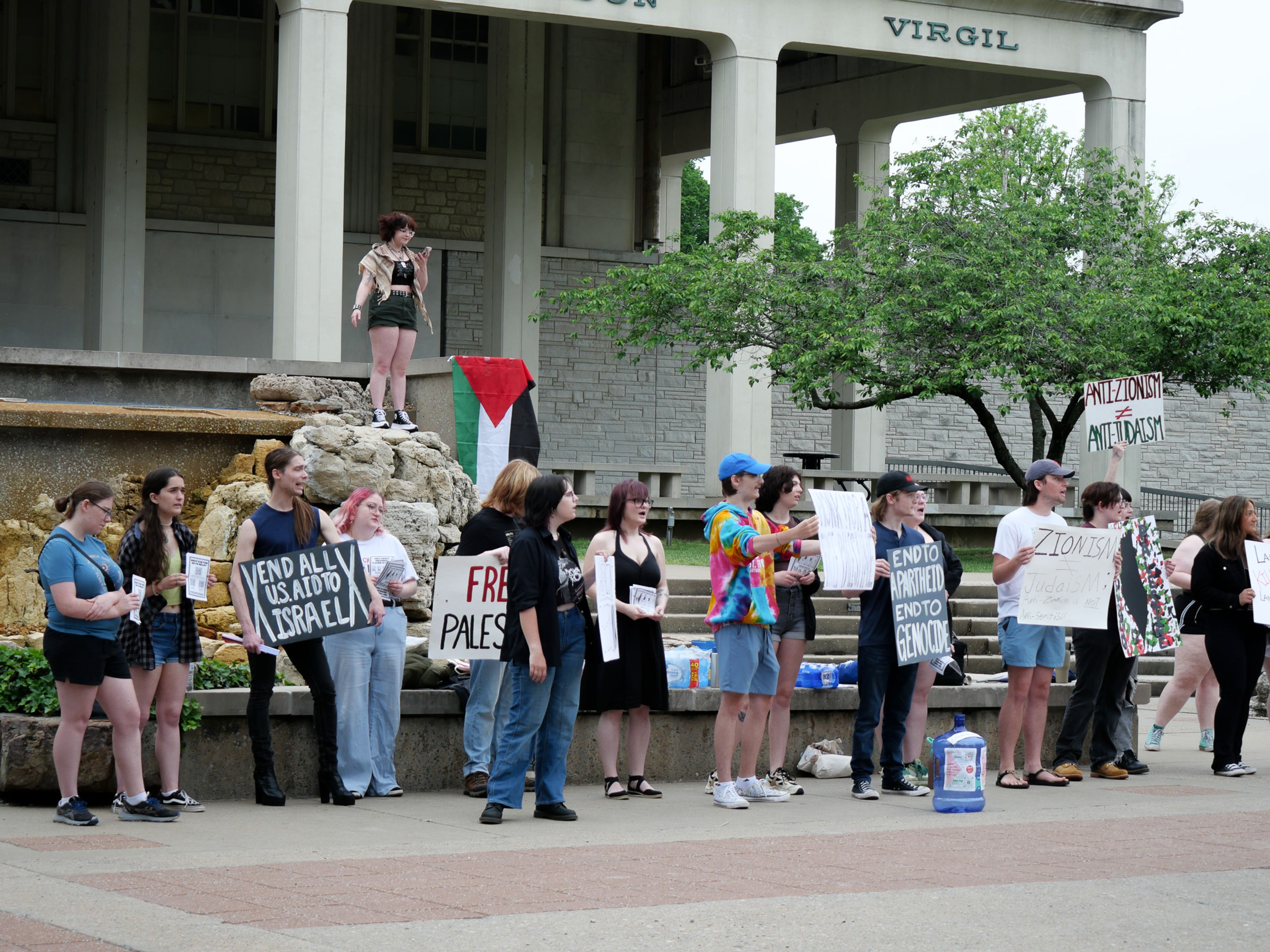 Student protesters gather outside Kent Library to raise awareness on the war in Palestine.