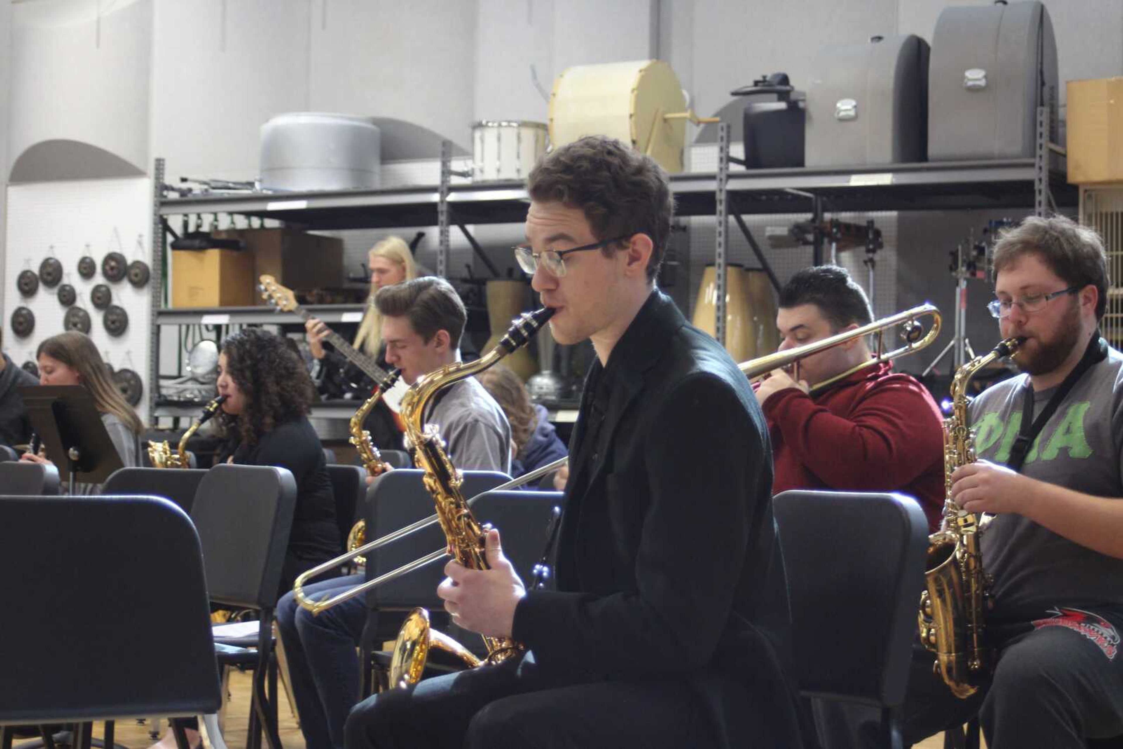 Southeast students learn from a guest musician during a clinic at the 20th annual Clark Terry Jazz Festival presented by Phi Mu Alpha last year.