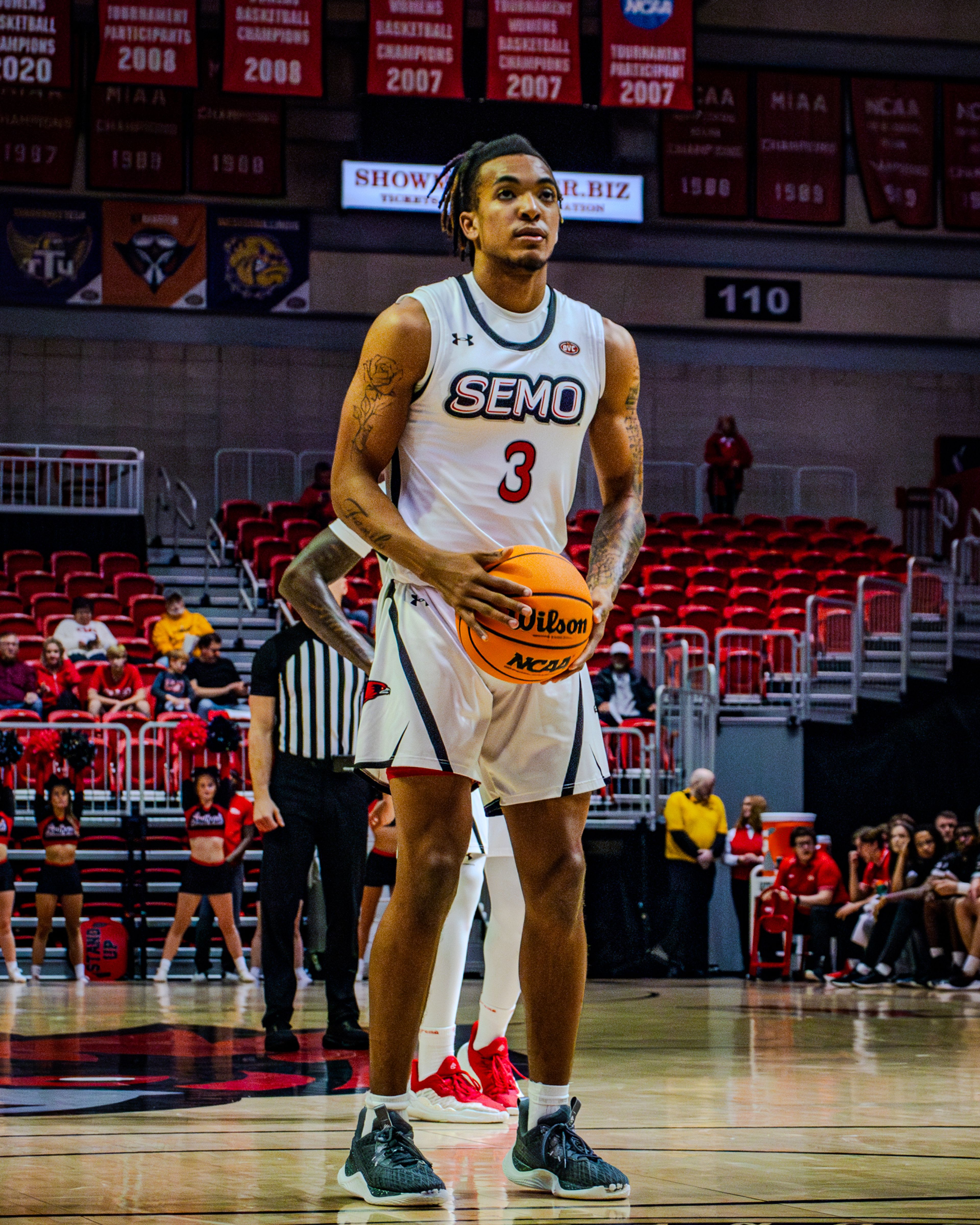 Sophomore guard Damarion Walkup lines up for a free throw against Crowley Ridge College. Walkup finished as the teams leading scorer with 23 points on the night. 